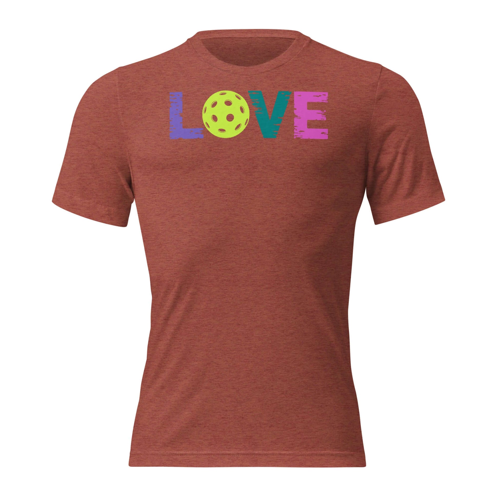 Women’s LOVE Pickleball Short Sleeve Shirt in rust color featuring playful text and pickleball graphic.