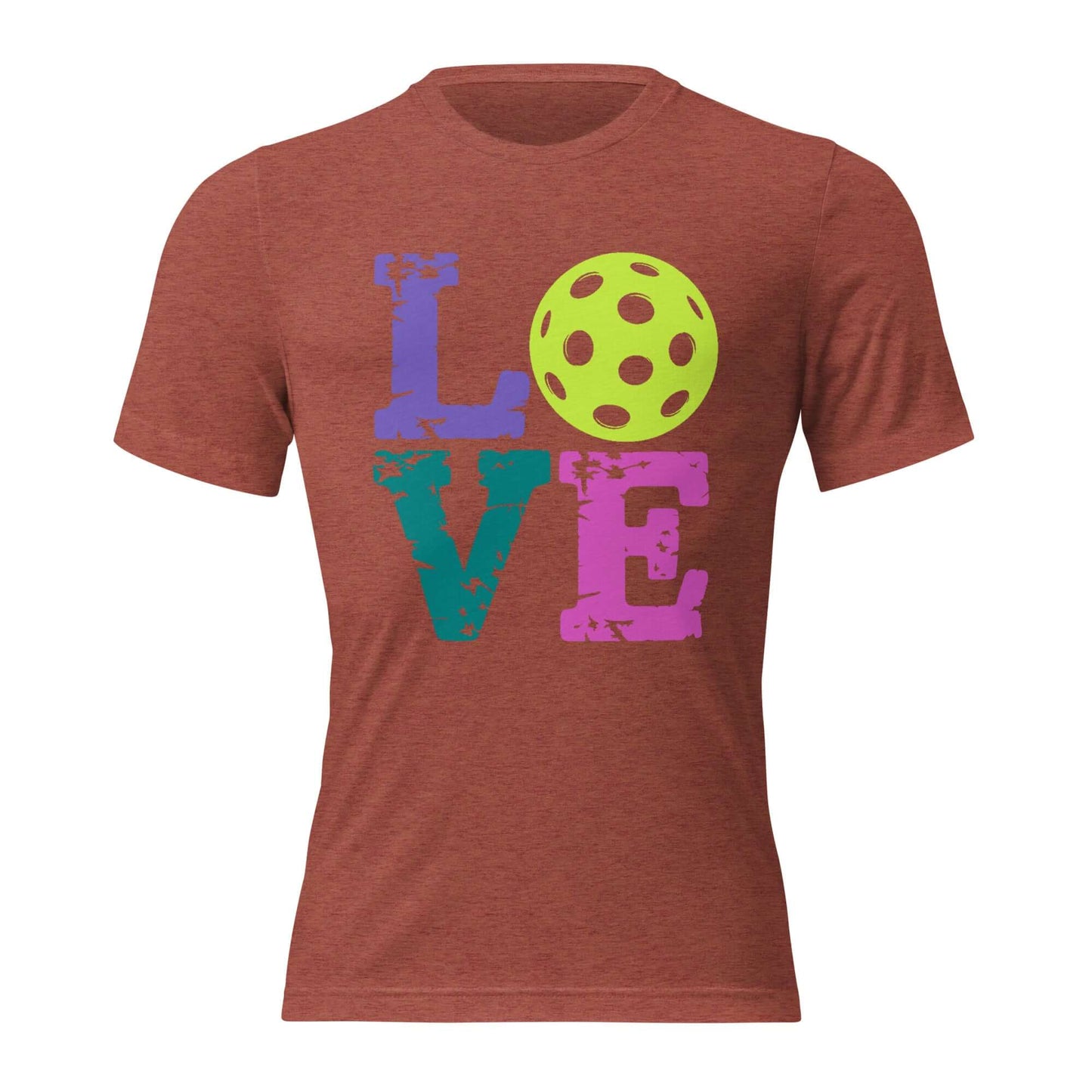 Women's LOVE Pickleball short sleeve shirt with colorful text and ball design for sporty comfort.