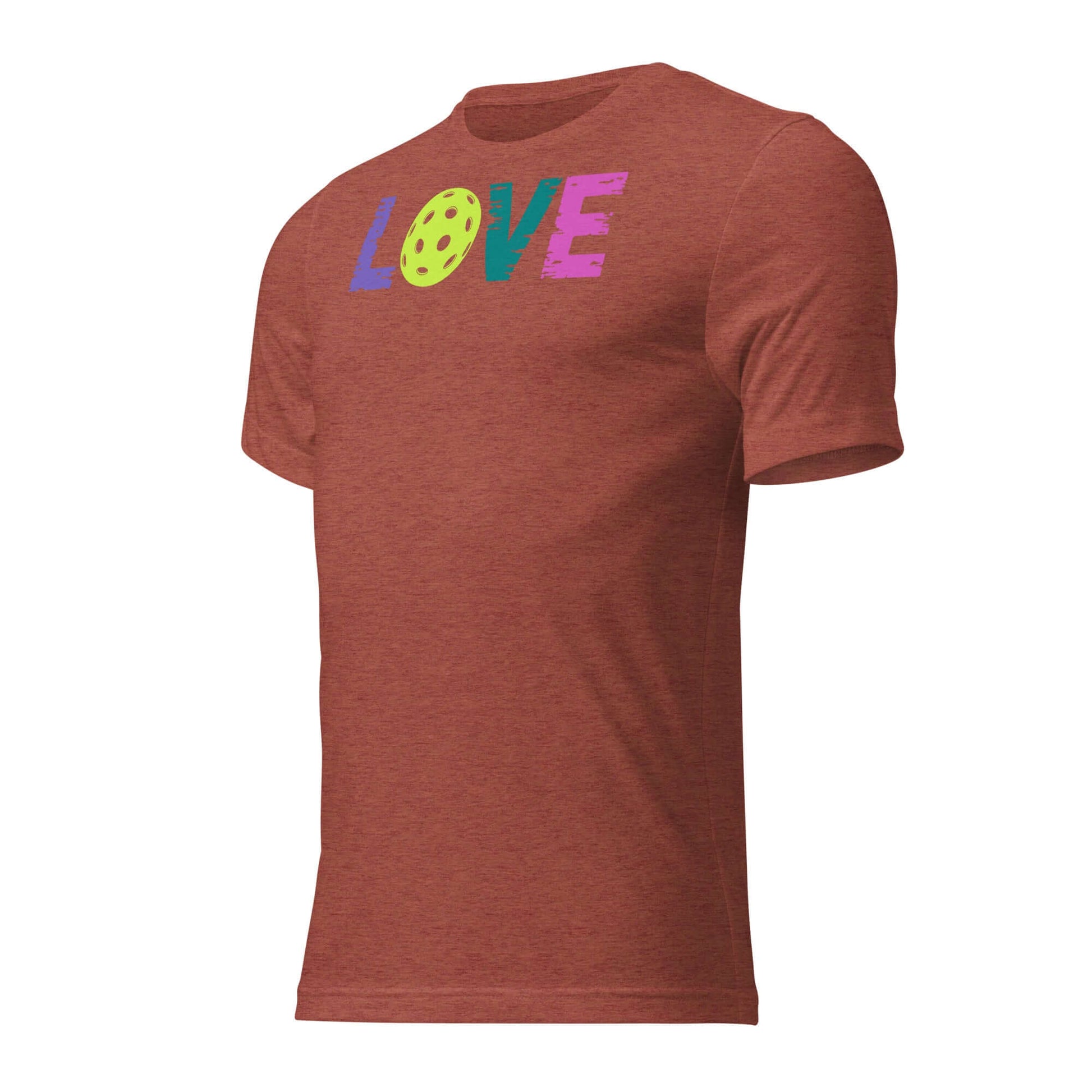 Women's LOVE Pickleball Short Sleeve Shirt in rust color with colorful lettering and pickleball graphic.