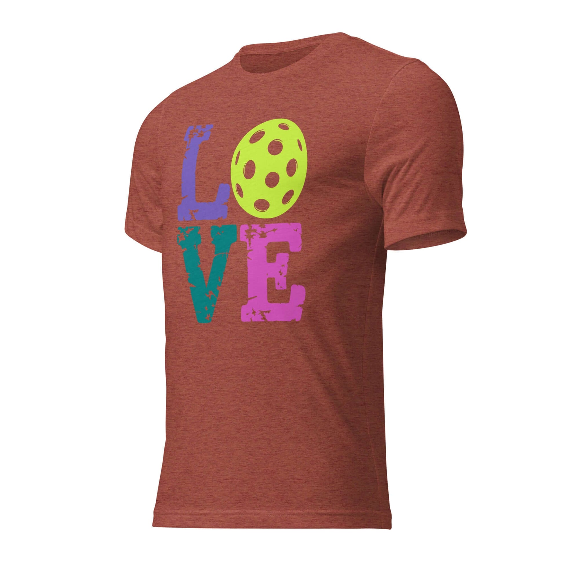 Women’s LOVE Pickleball Short Sleeve Shirt in rust, featuring vibrant colors and playful pickleball graphic.