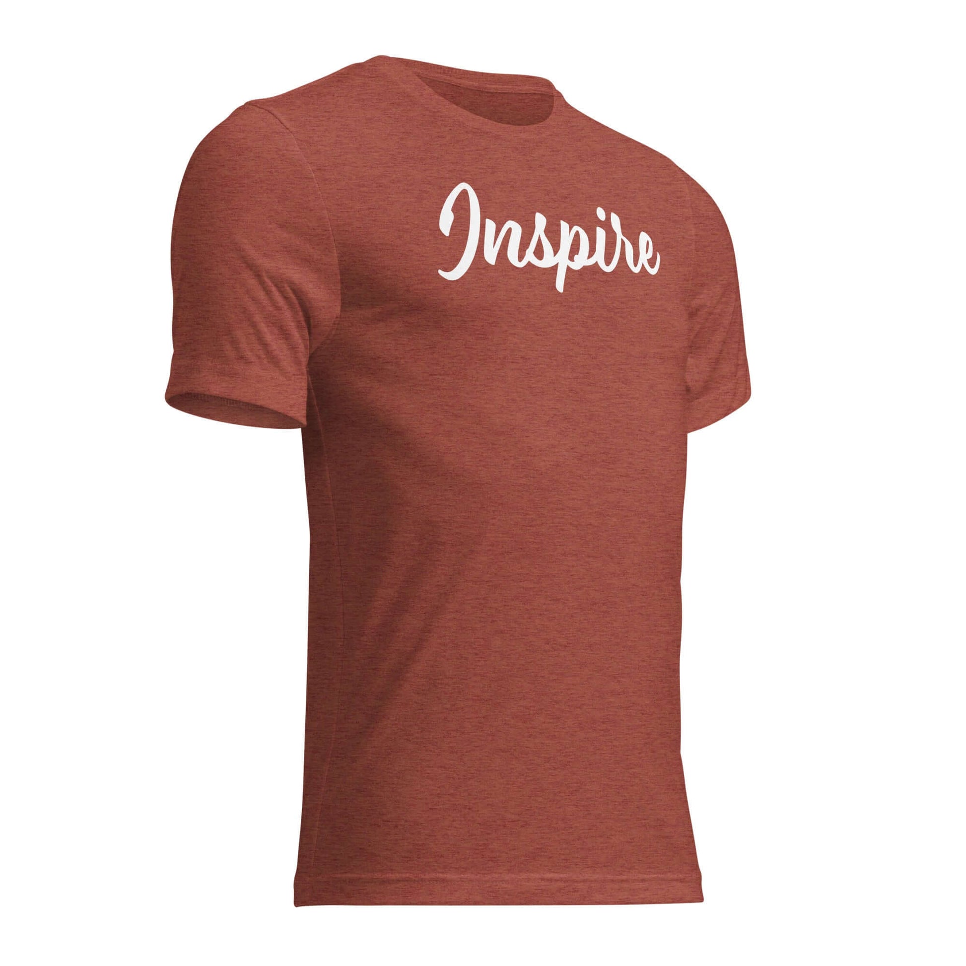 Women's Inspire Script T-Shirt in rust color, featuring elegant script design promoting positivity and purpose.