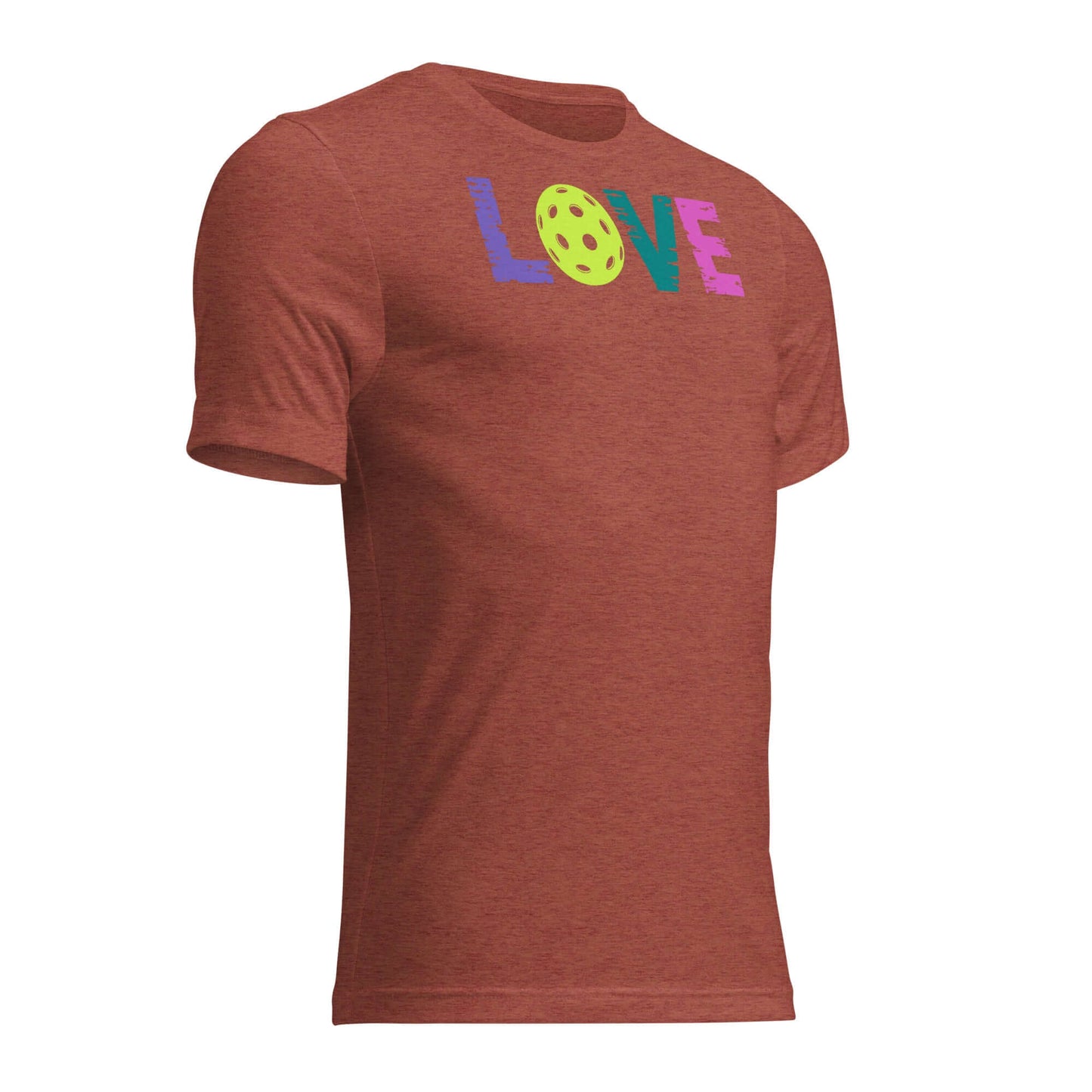 Women’s LOVE Pickleball Short Sleeve Shirt in rust color with colorful 'LOVE' graphic and pickleball design.