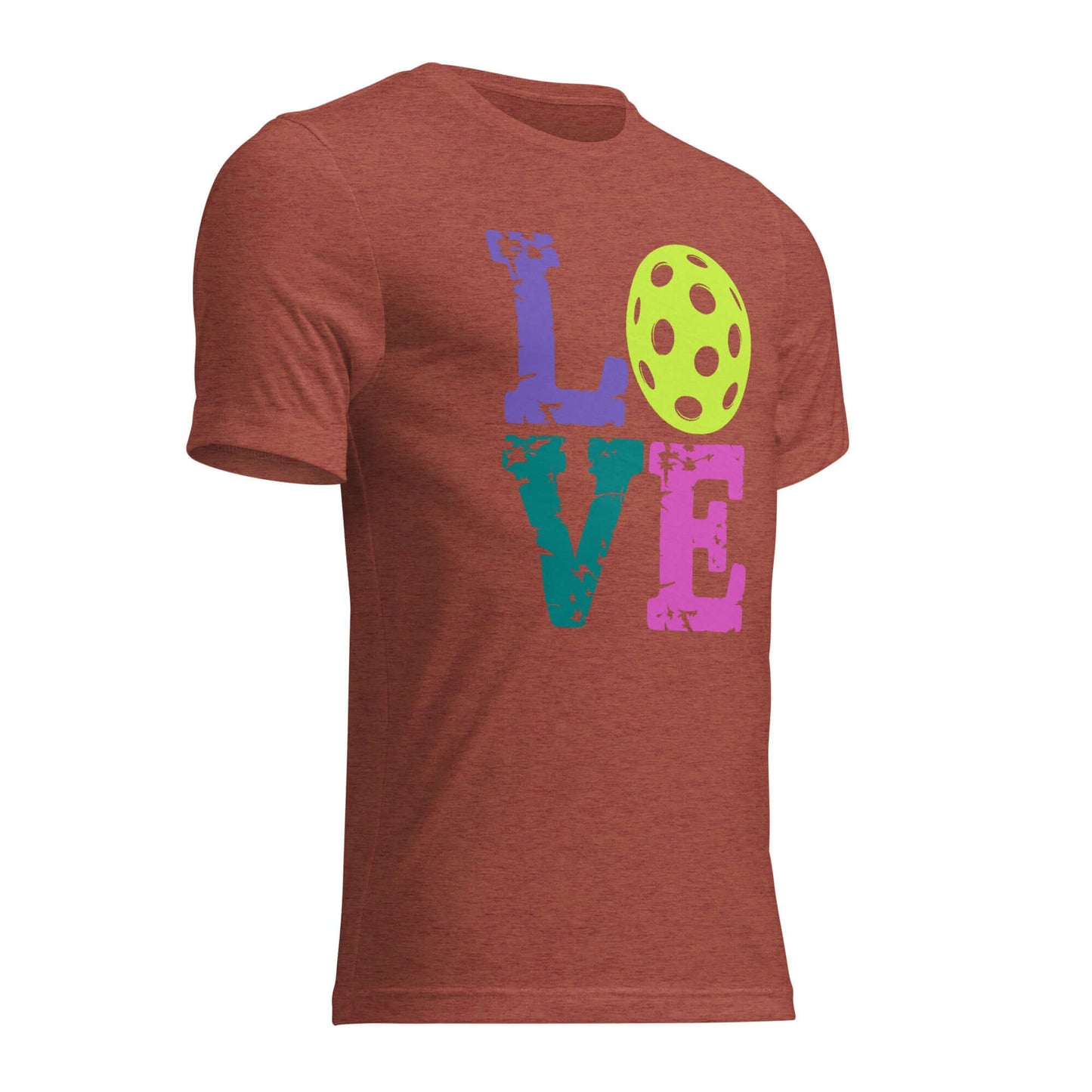 Women's LOVE Pickleball Short Sleeve Shirt in rust color with colorful lettering and pickleball graphic.