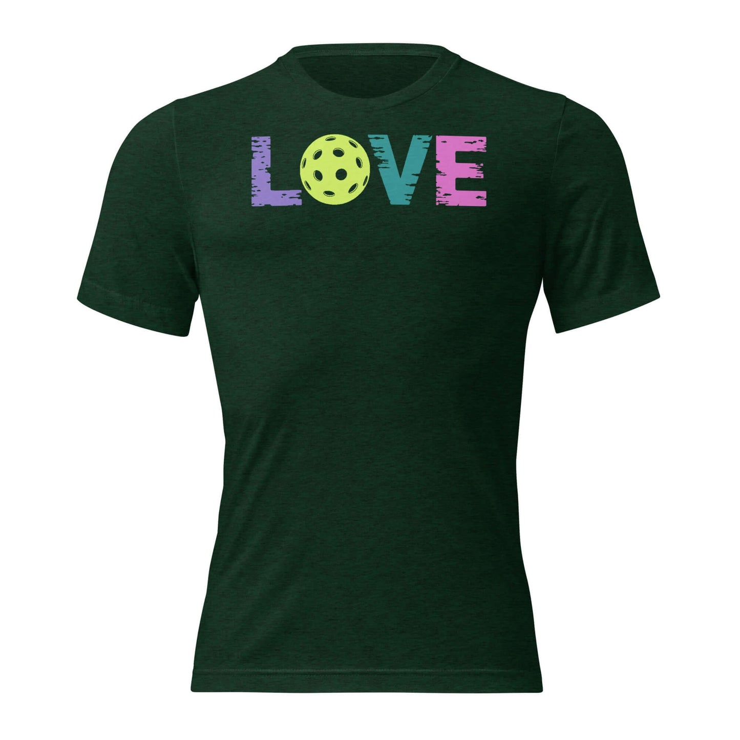 Women’s LOVE Pickleball Short Sleeve Shirt in dark green with colorful 'LOVE' text and yellow pickleball design.