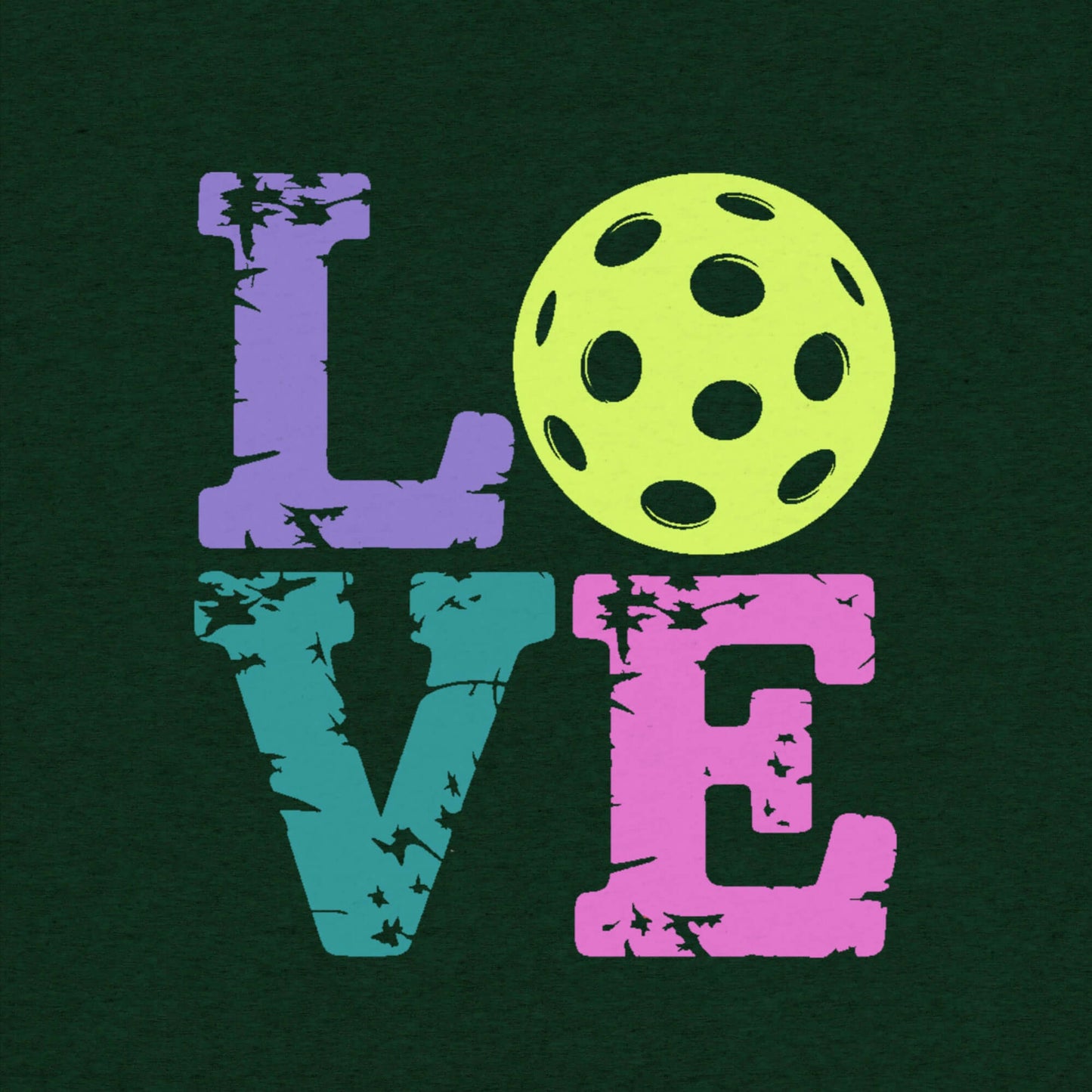 Colorful 'LOVE' design with a pickleball graphic, perfect for pickleball enthusiasts.