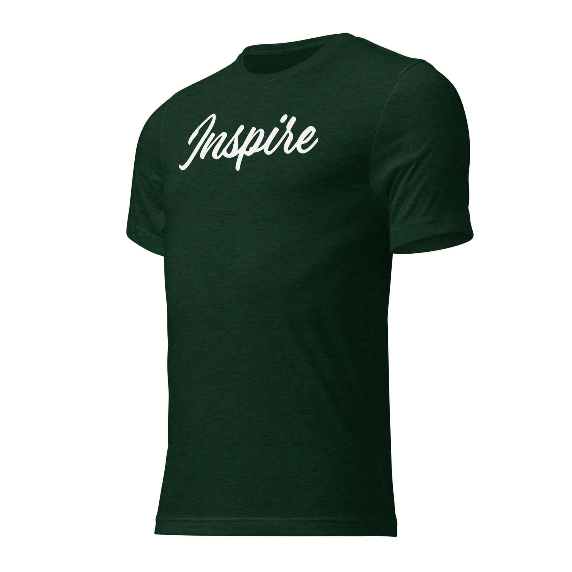 Women's green 'Inspire' script t-shirt, a reminder of positivity and inner spark.