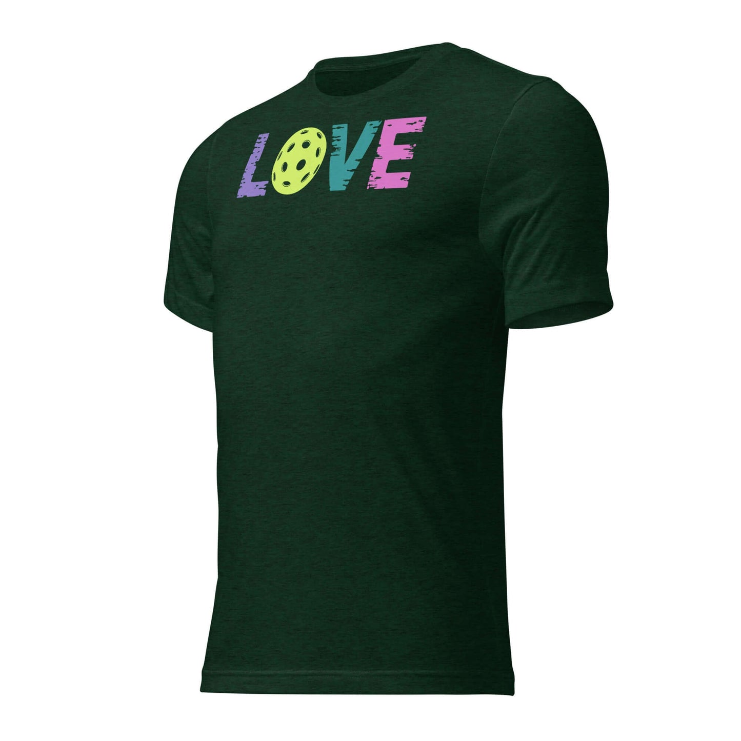 Women's LOVE Pickleball Short Sleeve Shirt in dark green, featuring colorful 'LOVE' text and a pickleball graphic.