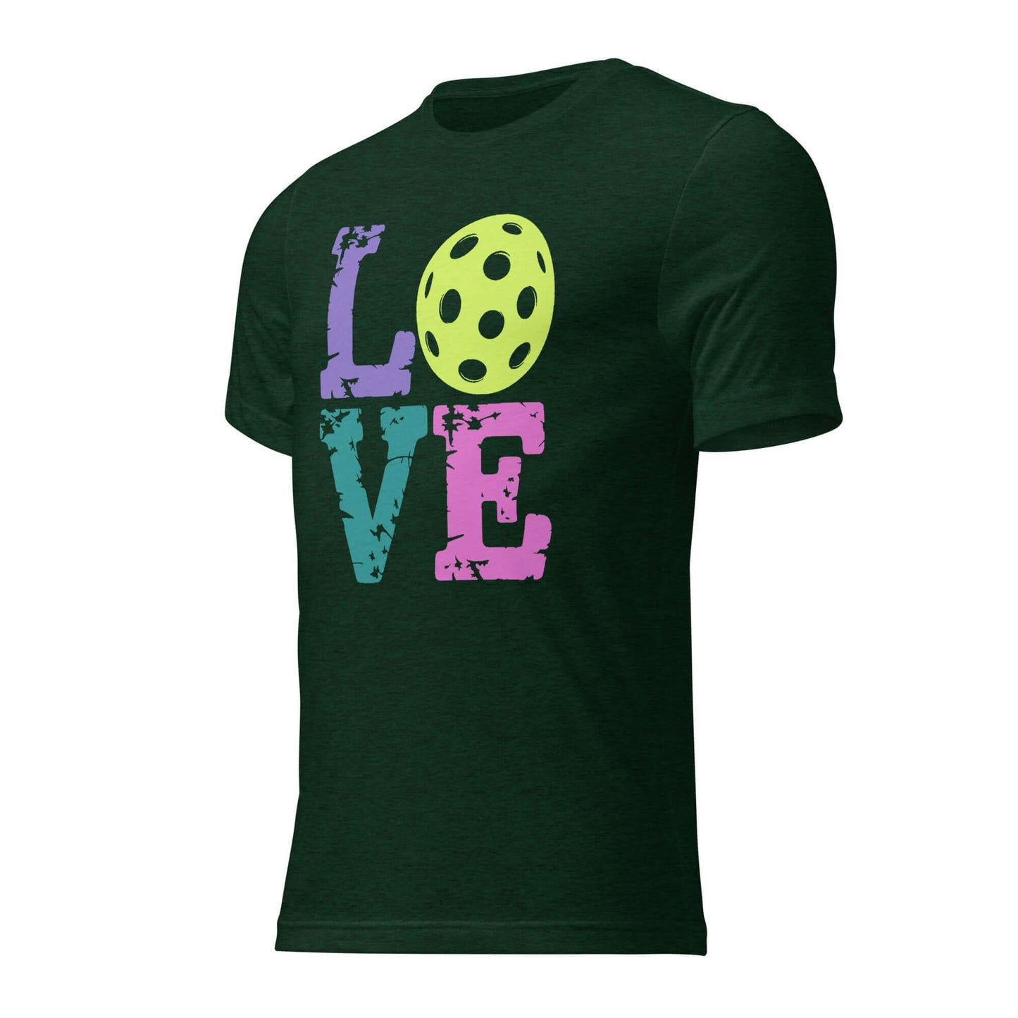 Women’s LOVE Pickleball Short Sleeve Shirt with colorful lettering and pickleball graphic.