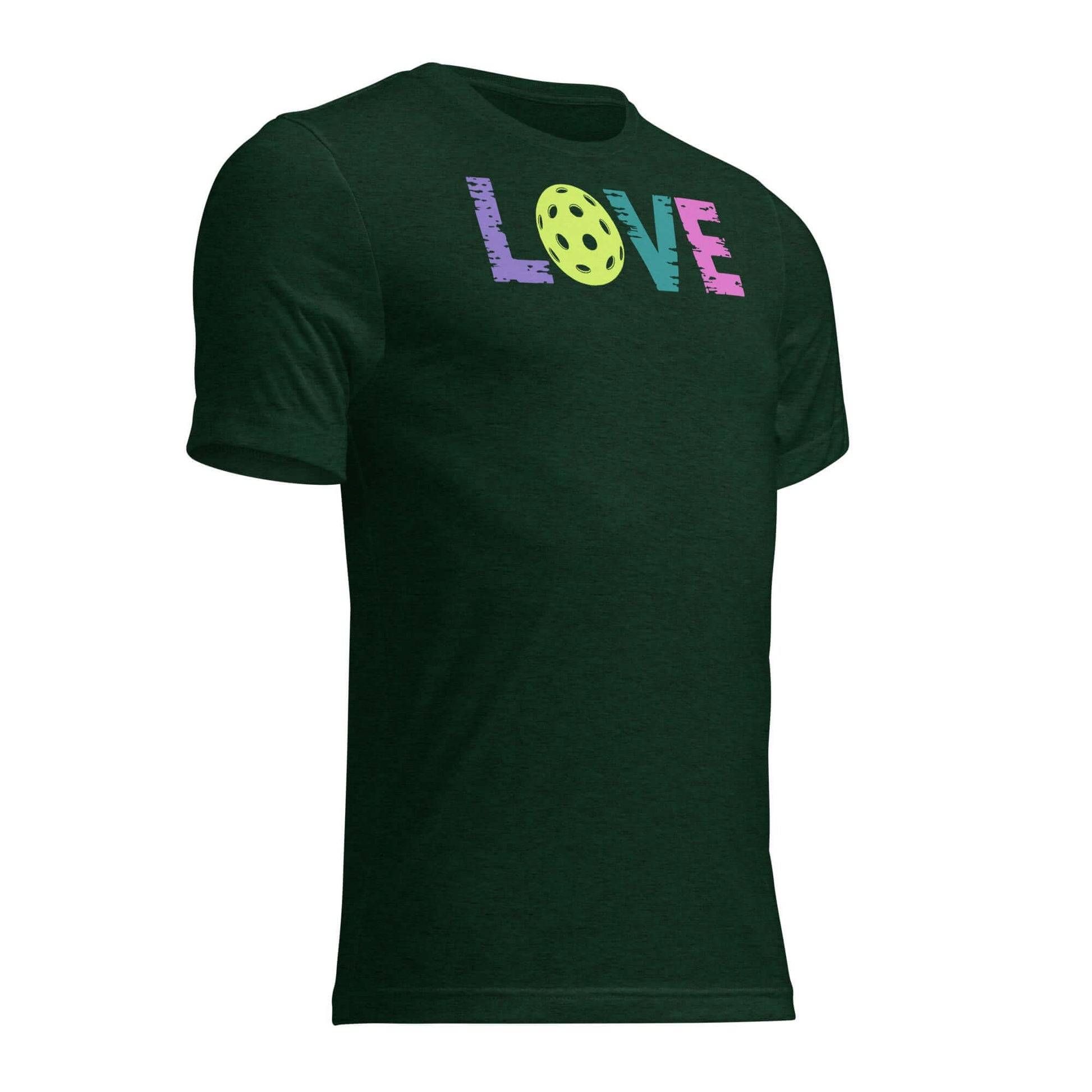 Women’s LOVE Pickleball Short Sleeve Shirt in dark green, featuring colorful 'LOVE' text and a pickleball graphic.