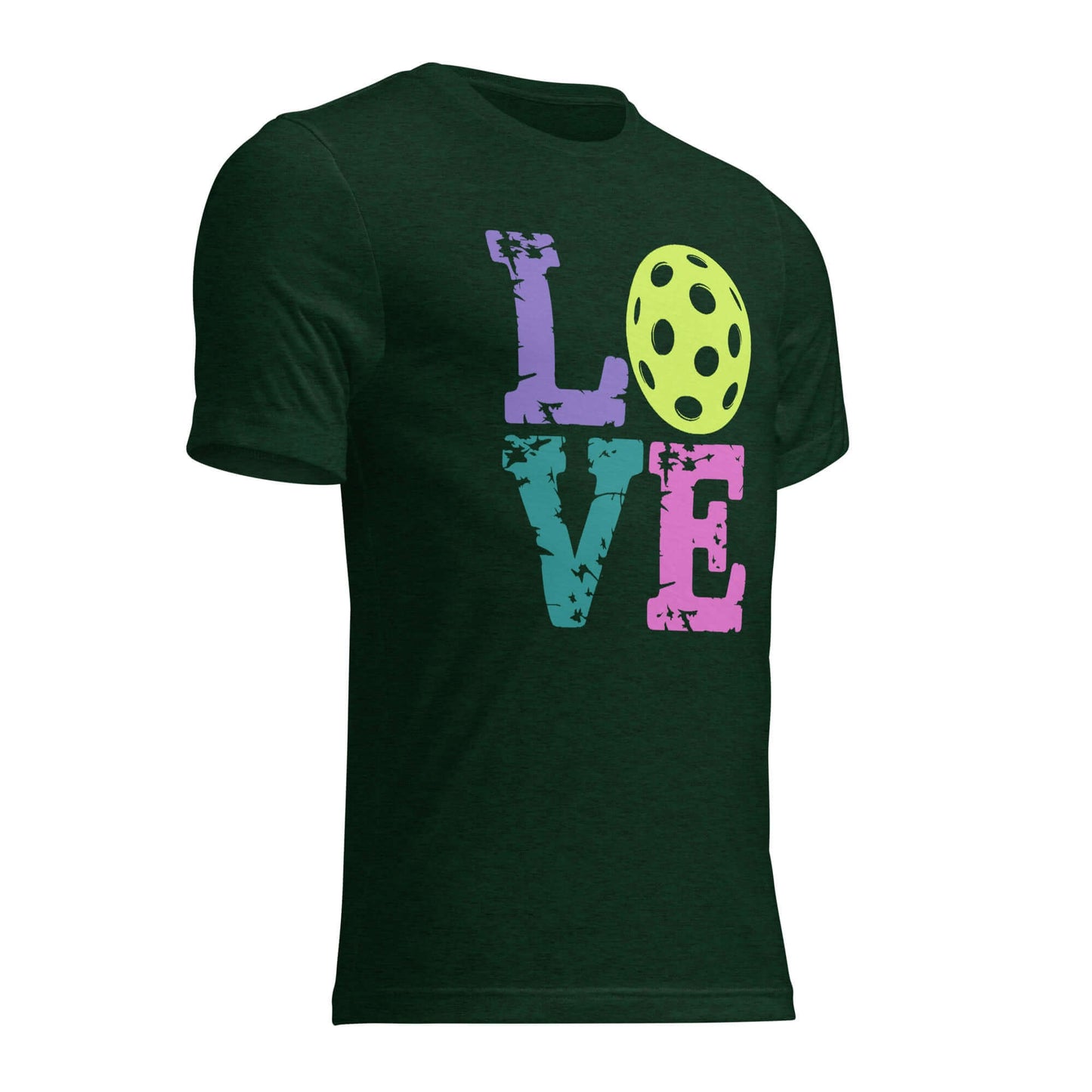 Women’s LOVE Pickleball Short Sleeve Shirt in green with colorful lettering and pickleball graphic.