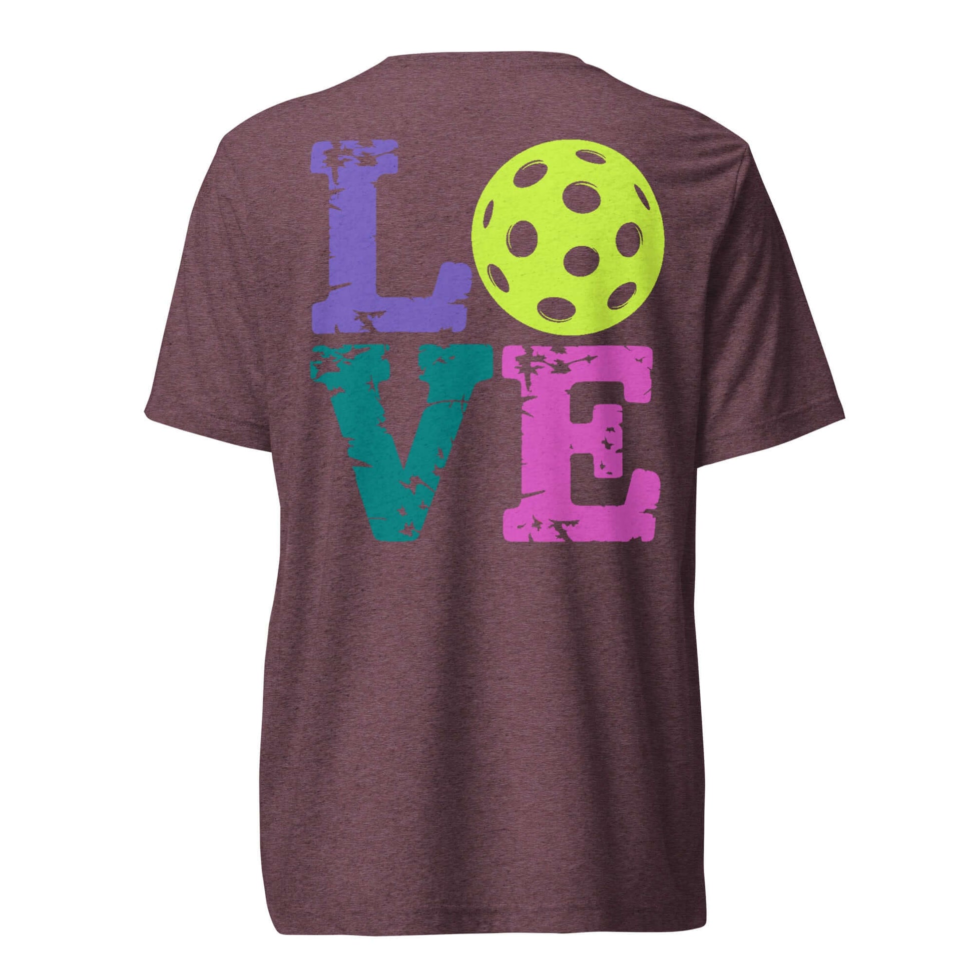 Back view of Women’s LOVE Pickleball Short Sleeve Shirt featuring colorful letters and a pickleball design.