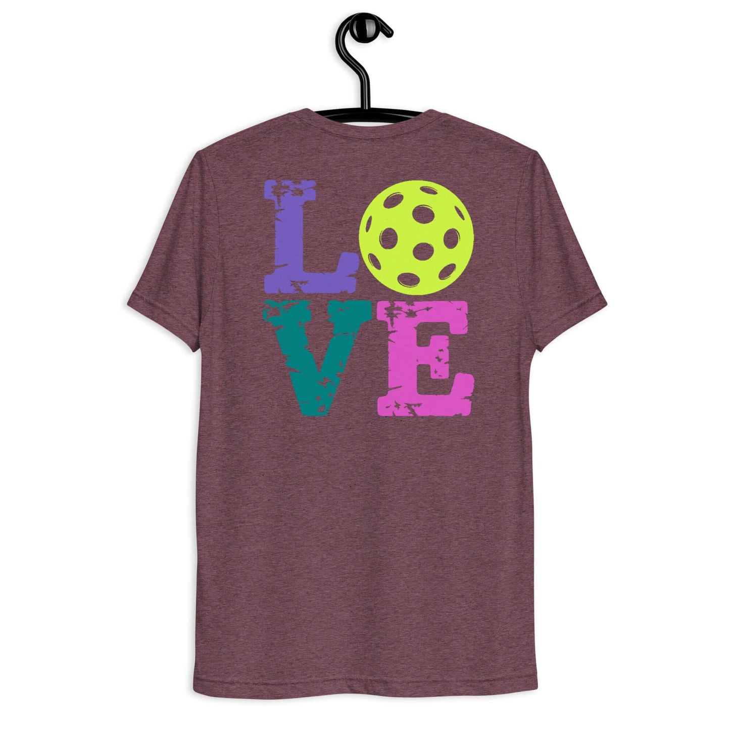 Back view of women’s LOVE pickleball short sleeve shirt with colorful lettering and pickleball graphic.