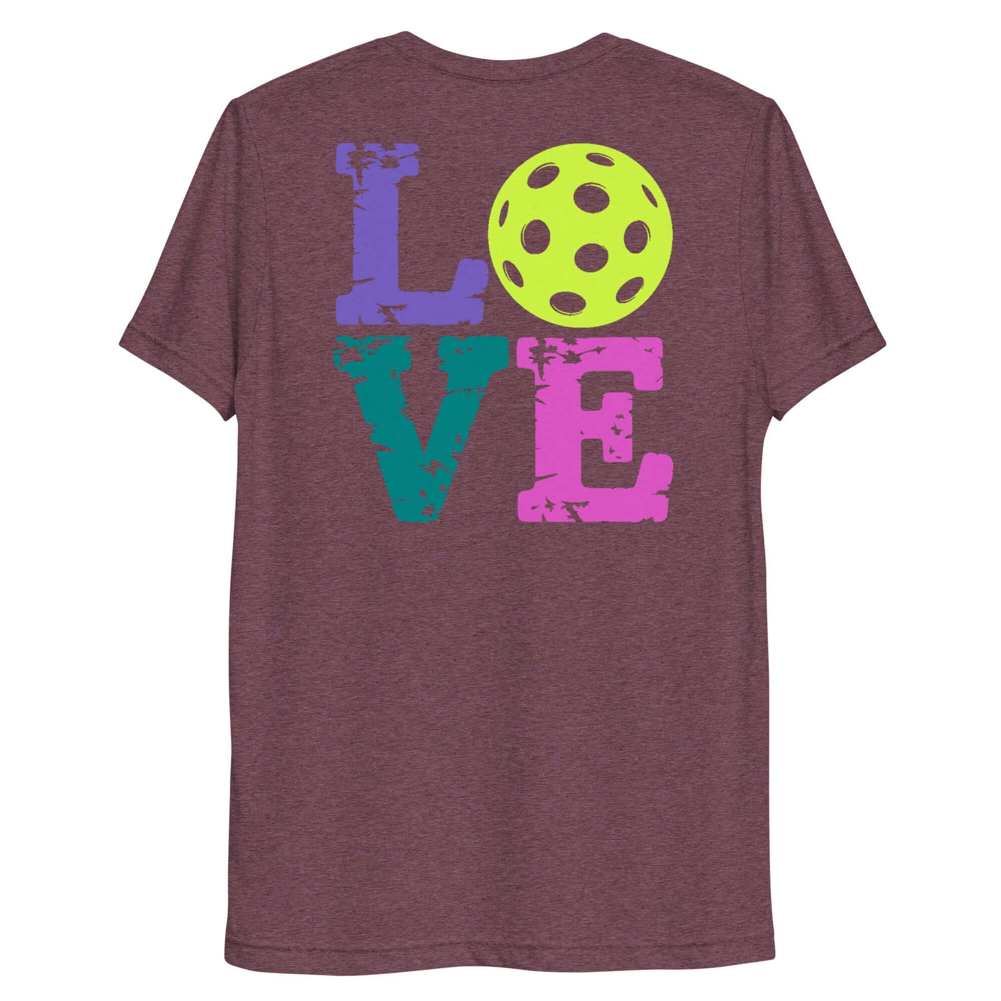 Back view of women's LOVE pickleball short sleeve shirt featuring colorful letters and a pickleball design.