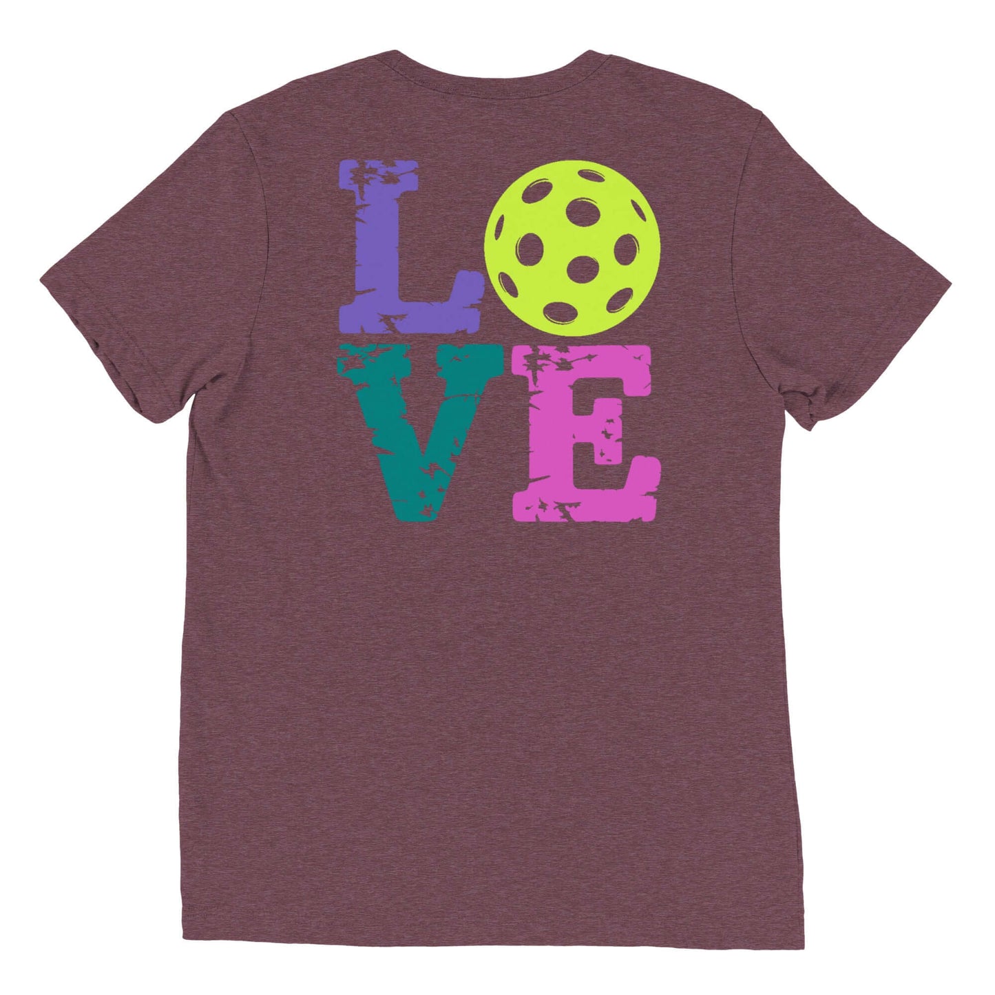 Women’s LOVE Pickleball Short Sleeve Shirt with colorful LOVE text and pickleball graphic on back.