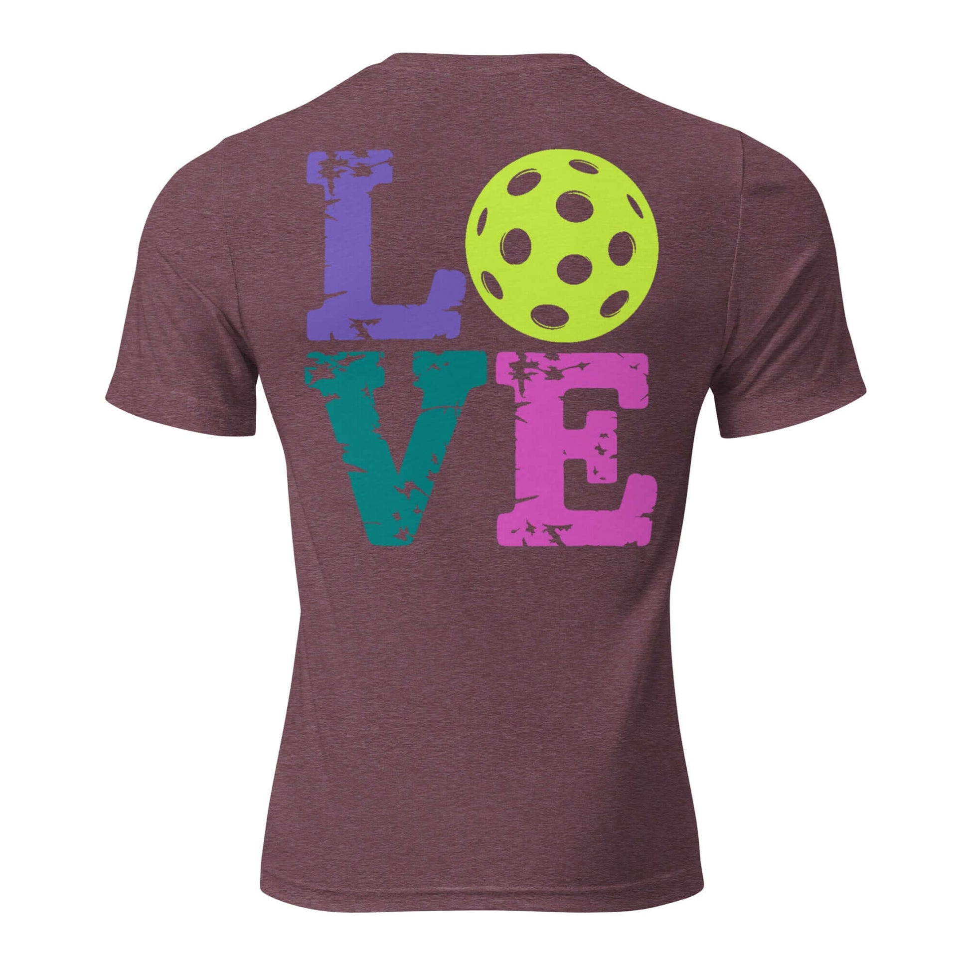 Back view of Women's LOVE Pickleball Short Sleeve Shirt featuring colorful LETTERING and a pickleball design.