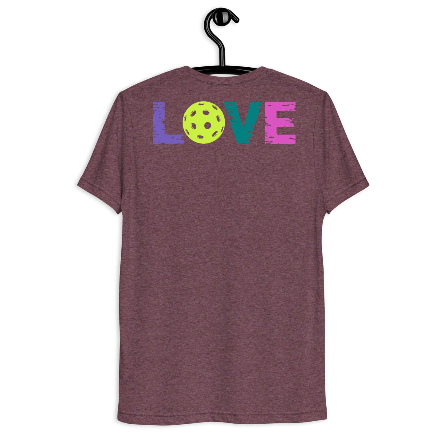 Women’s LOVE Pickleball Short Sleeve Shirt with colorful 'LOVE' graphic and pickleball design on the back.