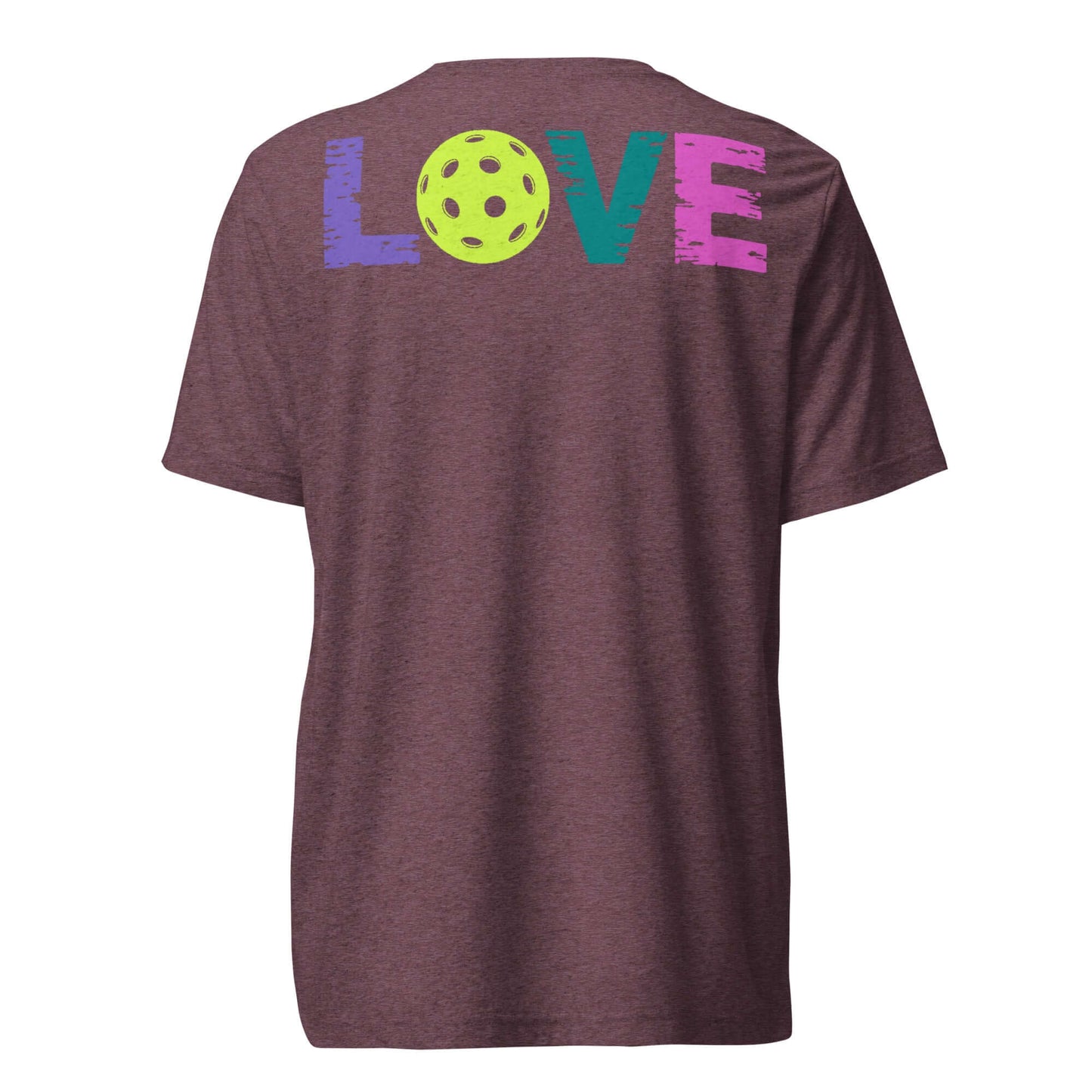 Back view of Women's LOVE Pickleball Short Sleeve Shirt featuring colorful 'LOVE' graphic and pickleball design.