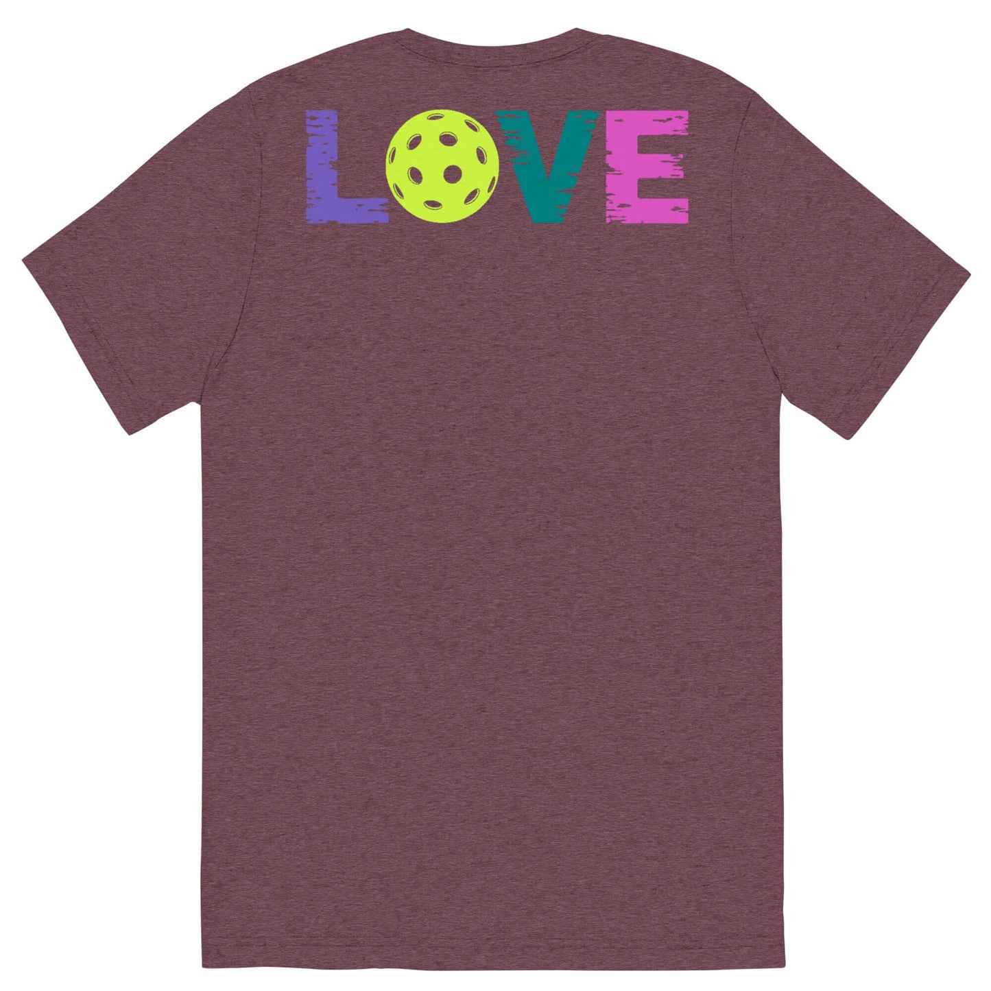 Back view of Women’s LOVE Pickleball Short Sleeve Shirt featuring colorful 'LOVE' text and a pickleball design.