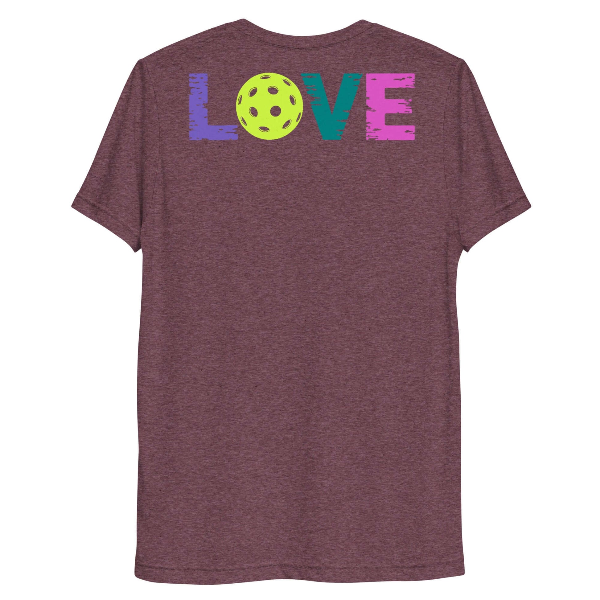 Back view of Women's LOVE Pickleball Short Sleeve Shirt featuring colorful 'LOVE' graphic and a pickleball design.