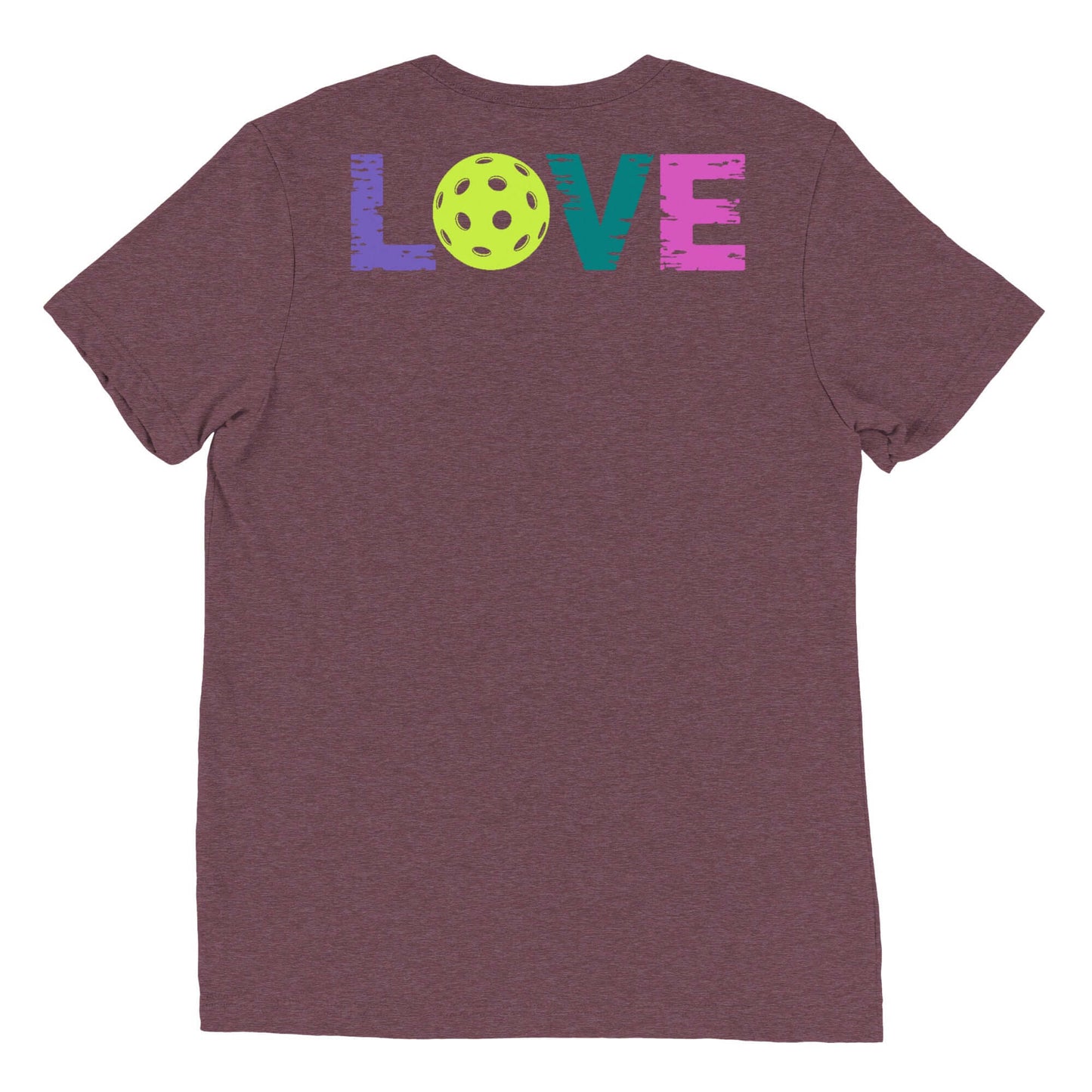 Back view of Women's LOVE Pickleball Short Sleeve Shirt in maroon with colorful LOVE design and pickleball graphic.