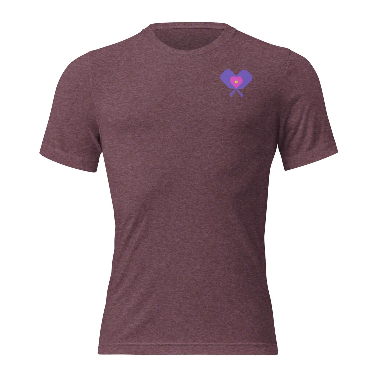 Women's short sleeve LOVE Pickleball shirt in maroon with heart and paddle graphic.