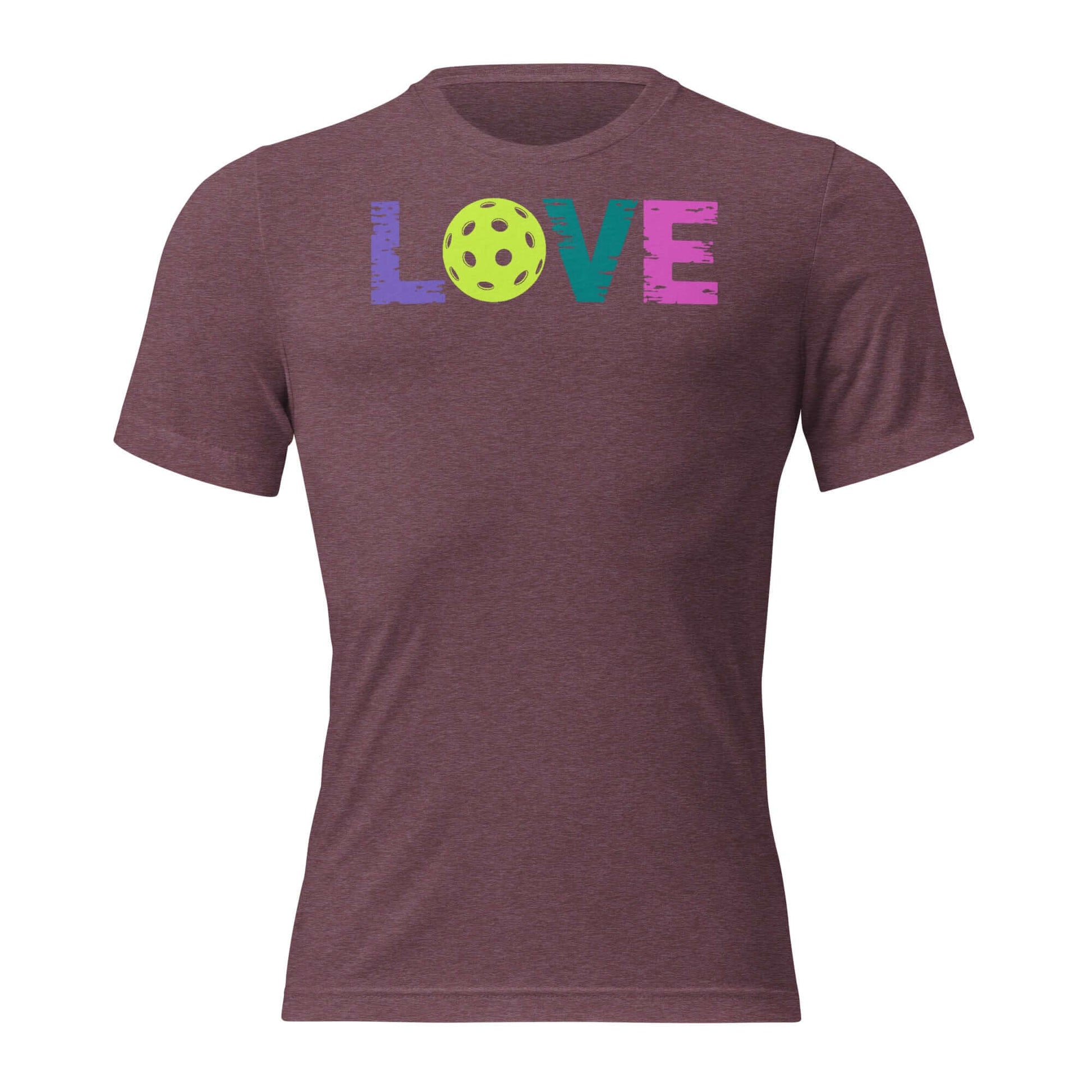 Women's LOVE Pickleball Short Sleeve Shirt in maroon with colorful 'LOVE' graphic and pickleball design.