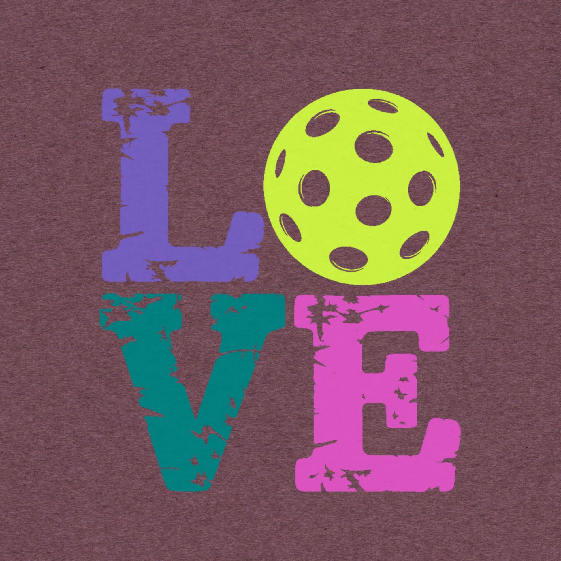 Colorful graphic of the word 'LOVE' with a pickleball, showcasing pickleball passion and style.