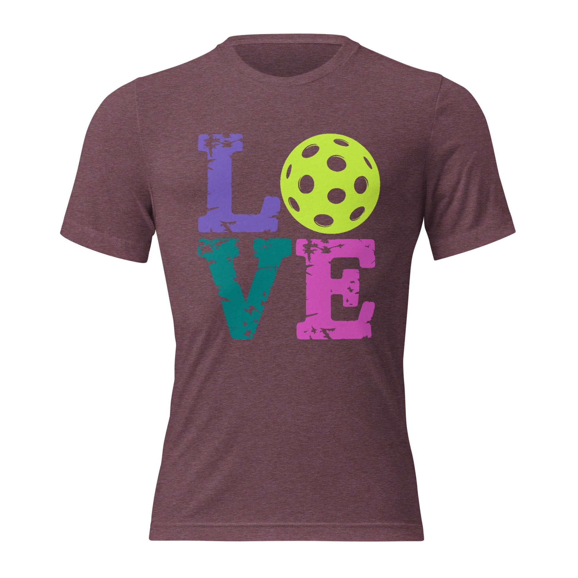 Women’s LOVE Pickleball Short Sleeve Shirt with colorful text and a pickleball graphic.