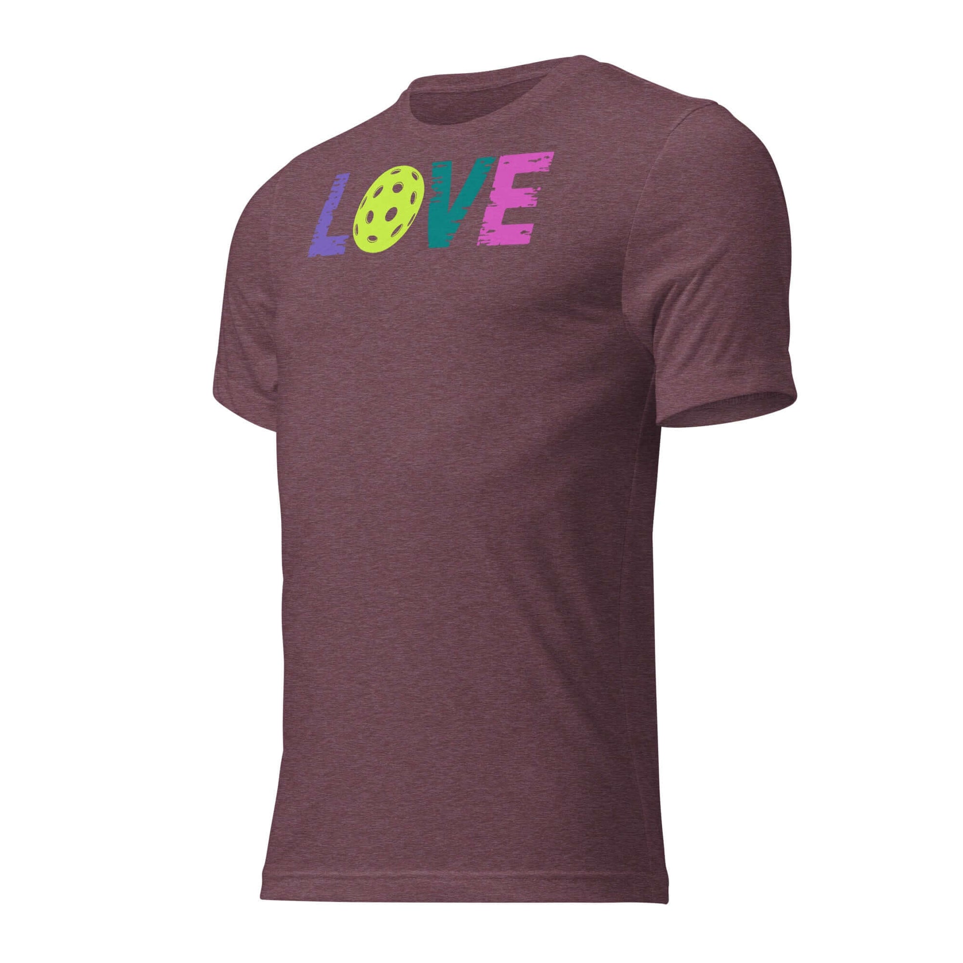 Women’s LOVE Pickleball Short Sleeve Shirt in burgundy color featuring colorful 'LOVE' design.