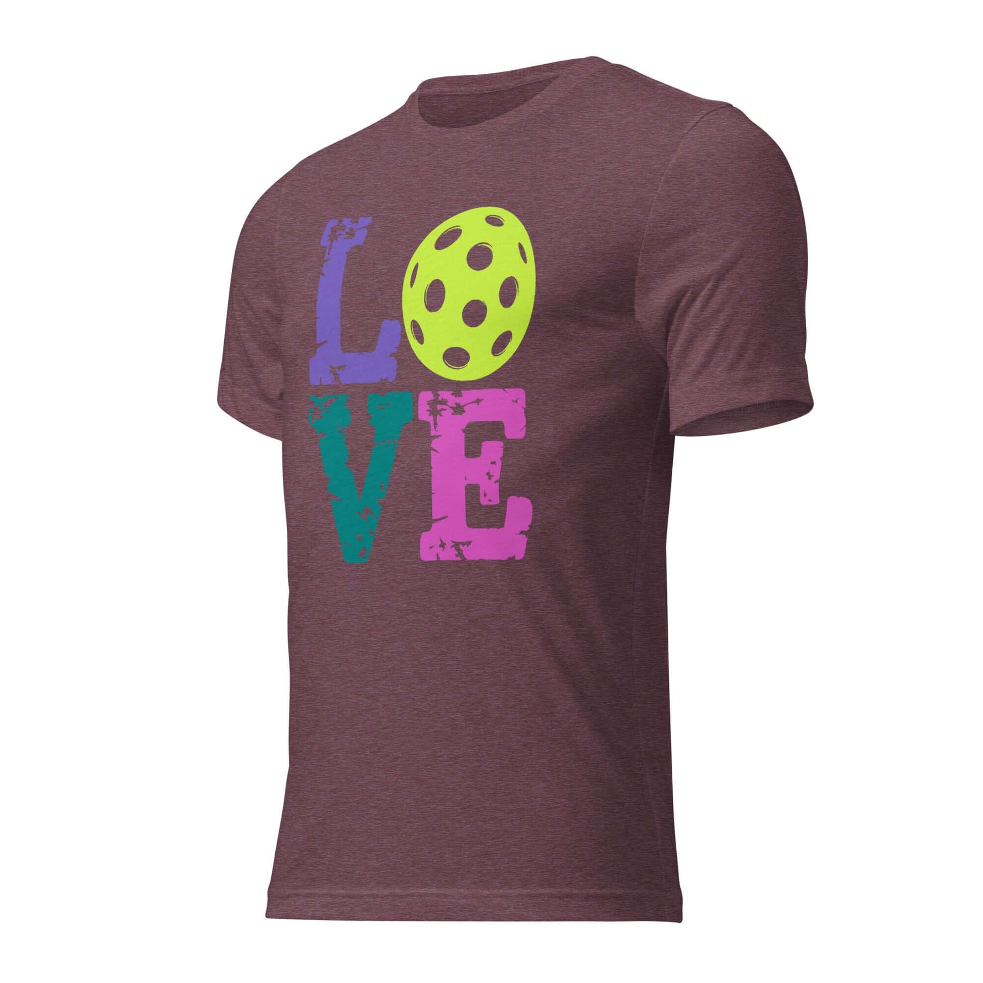 Women’s LOVE Pickleball Short Sleeve Shirt in maroon with colorful graphic design and a pickleball motif.