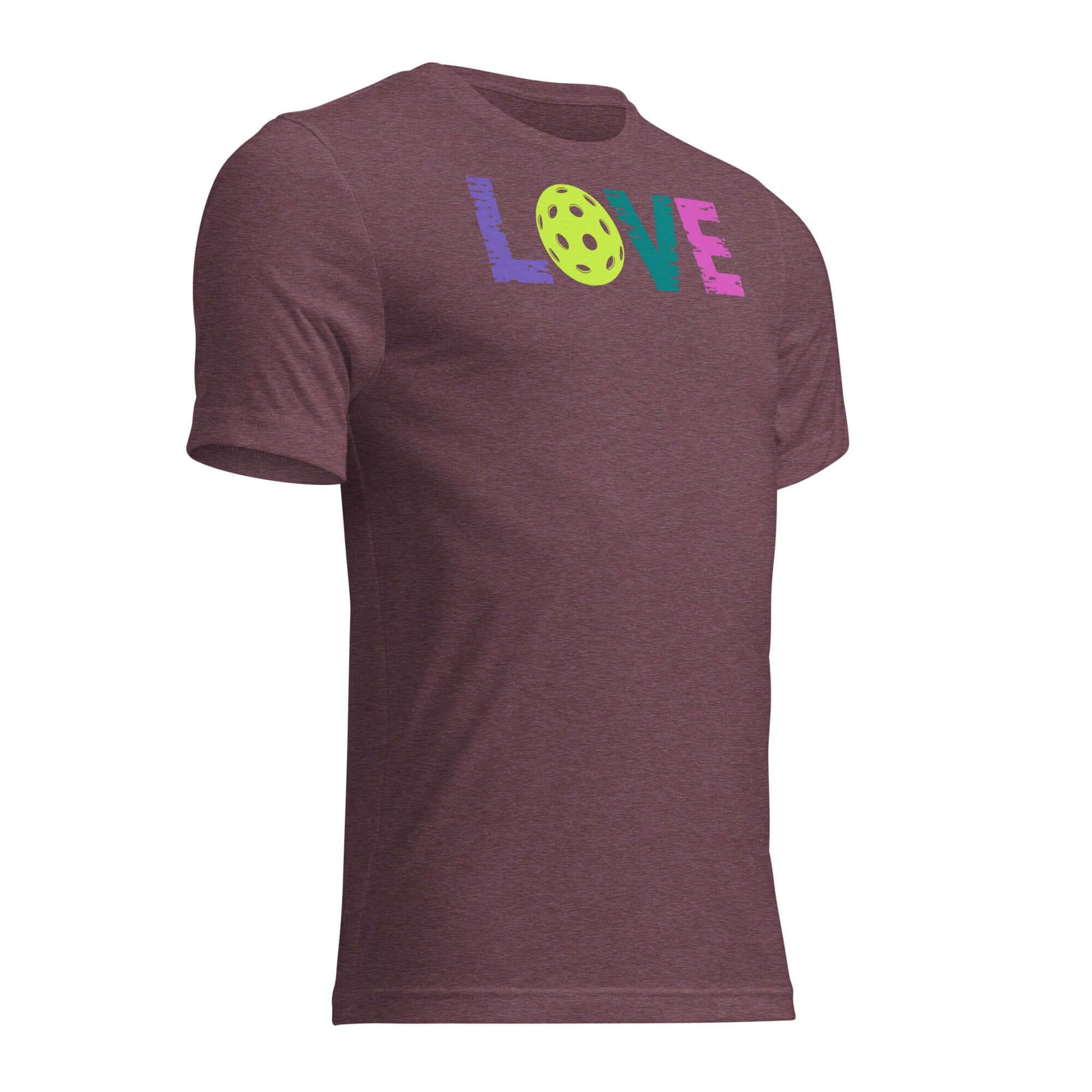 Women's LOVE Pickleball Short Sleeve Shirt in maroon with colorful LOVE graphic and pickleball design.