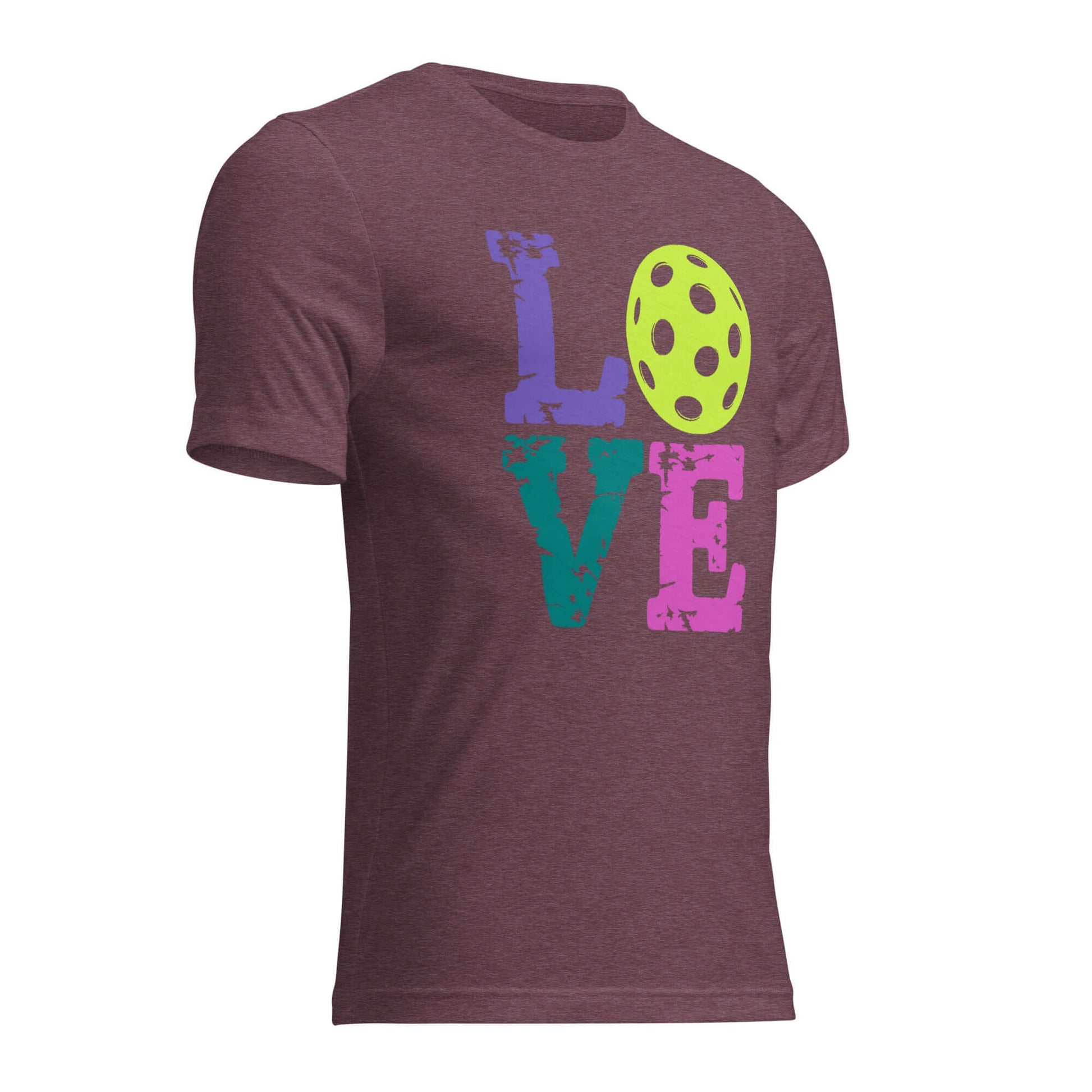 Women’s LOVE Pickleball Short Sleeve Shirt in burgundy with colorful graphic and pickleball design.