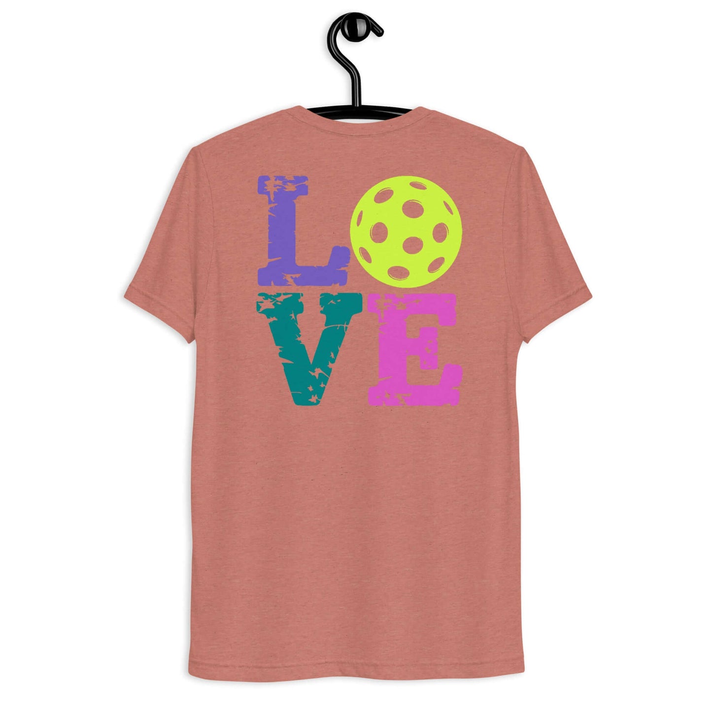 Back view of women's LOVE pickleball short sleeve shirt with colorful graphics and a sport ball design.