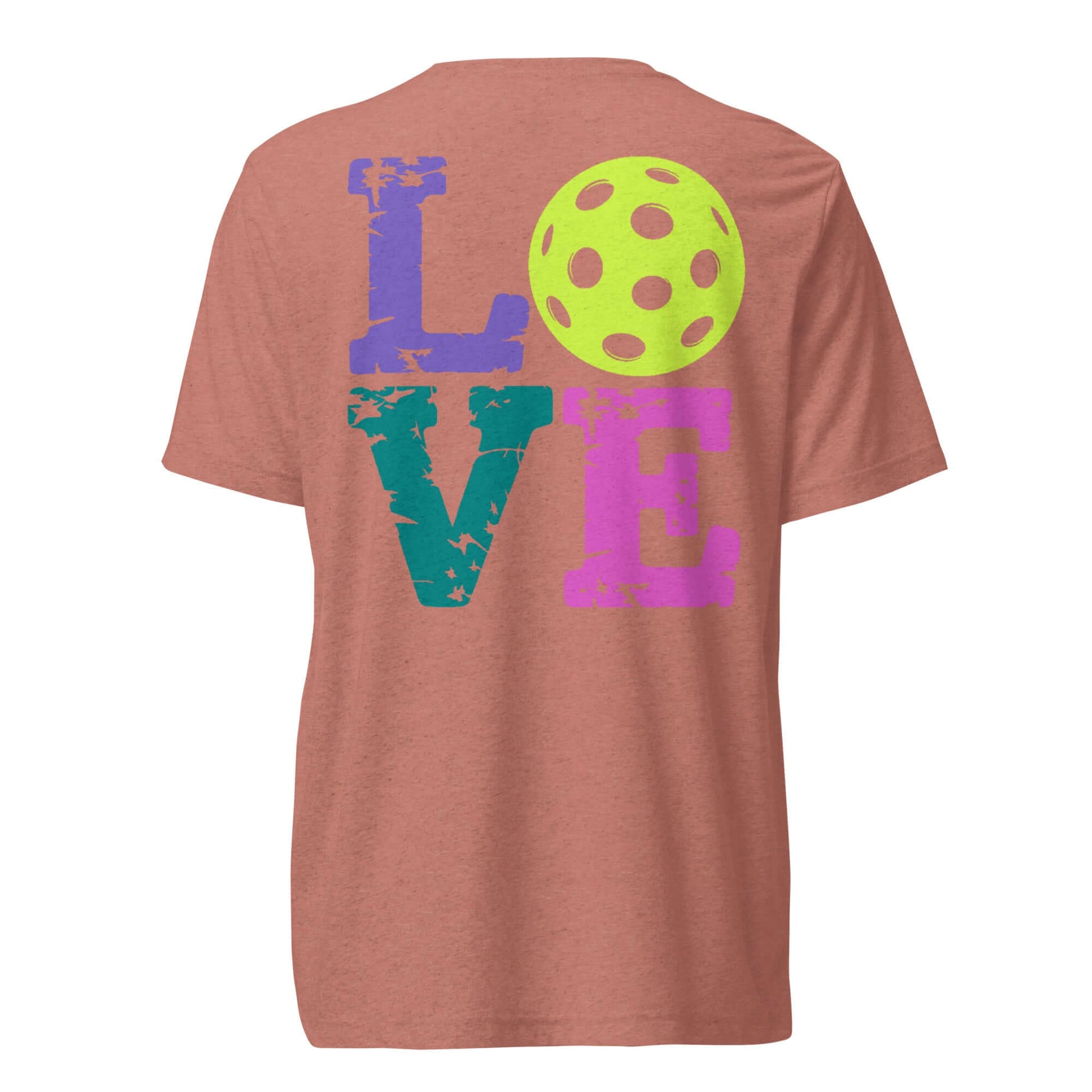 Women’s LOVE Pickleball Short Sleeve Shirt featuring vibrant lettering and a pickleball graphic on the back.