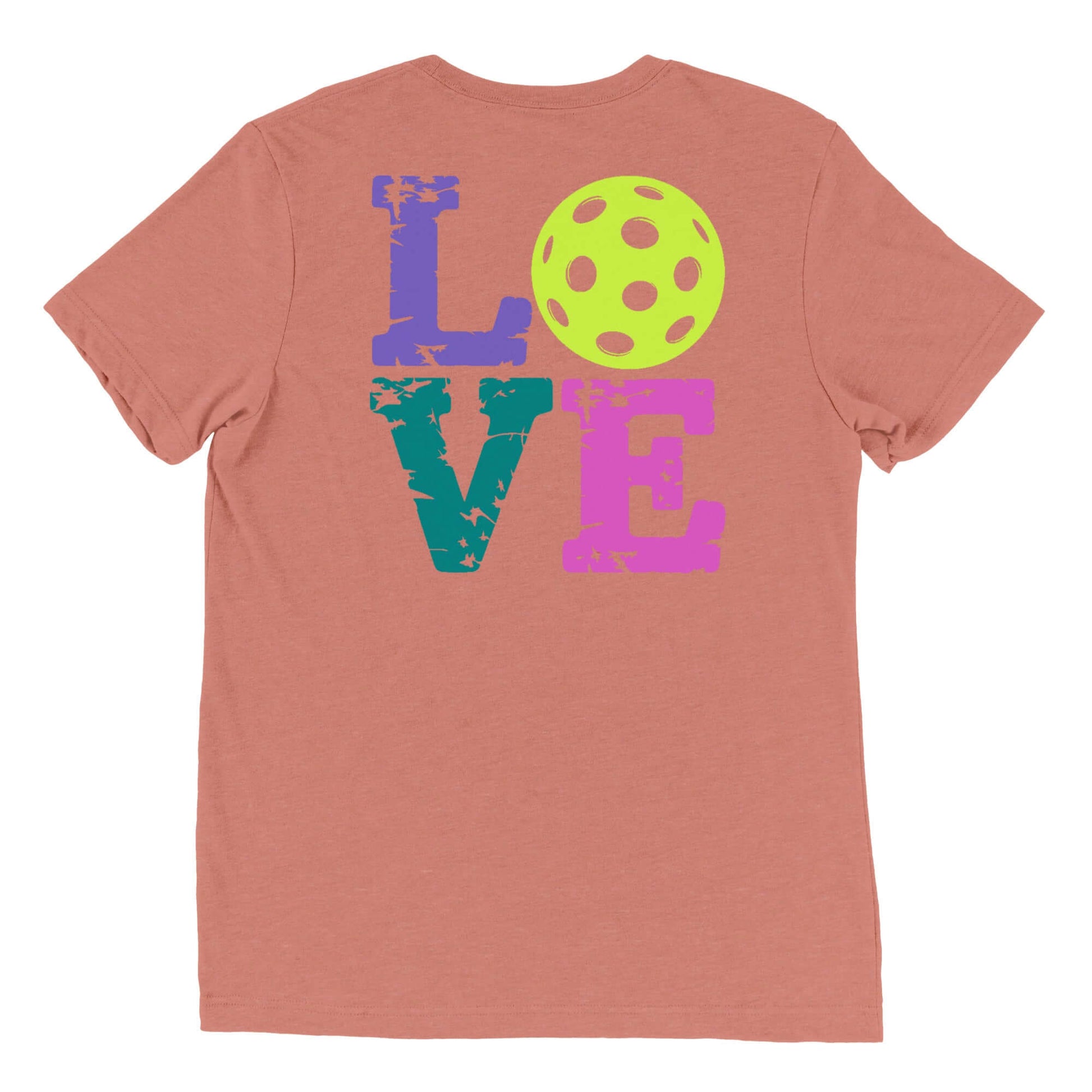 Back view of Women's LOVE Pickleball Short Sleeve Shirt featuring colorful 'LOVE' graphic and a pickleball design.