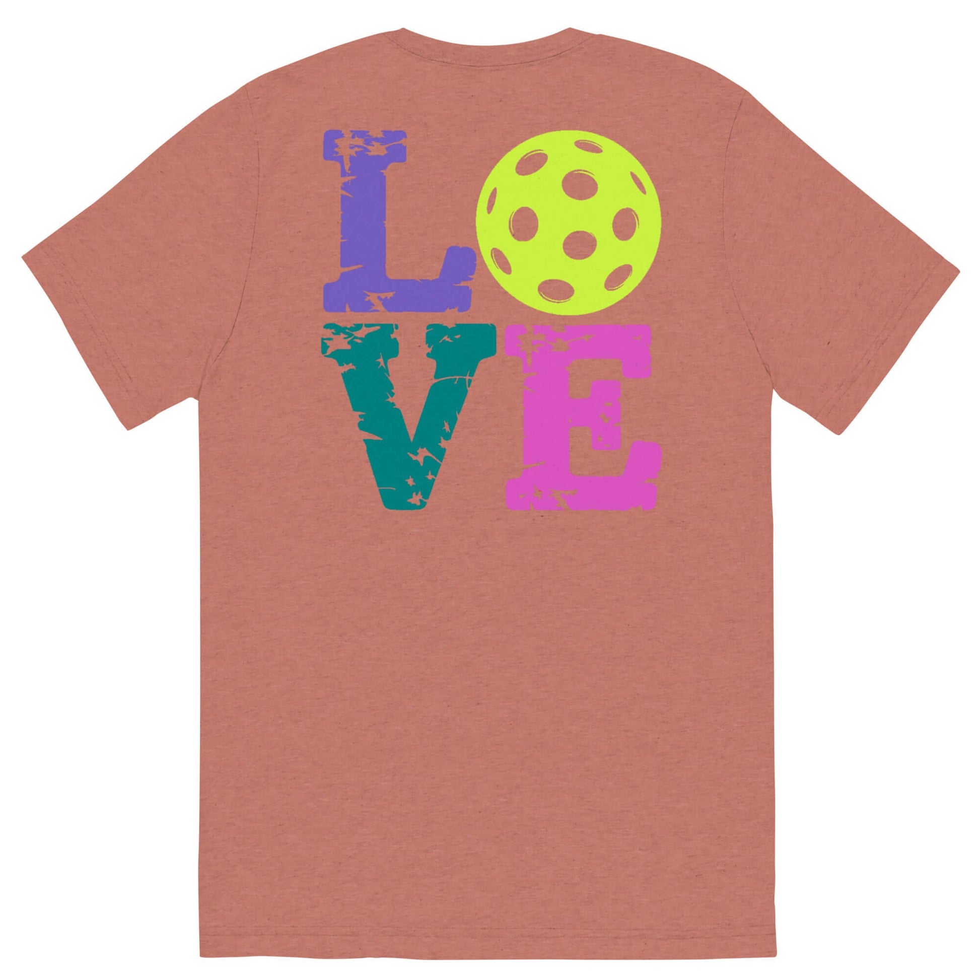 Back view of Women’s LOVE Pickleball Short Sleeve Shirt featuring colorful letters and a pickleball graphic.