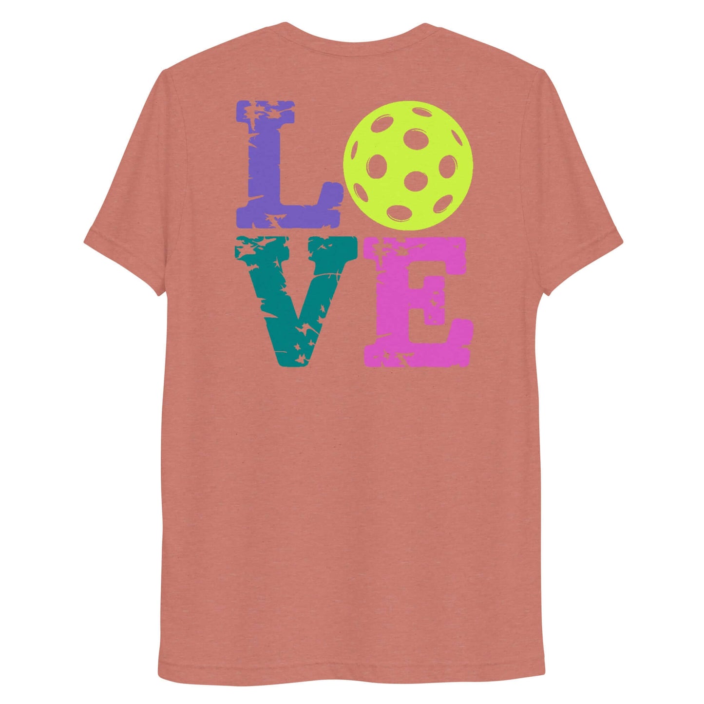 Back view of Women’s LOVE Pickleball Short Sleeve Shirt featuring colorful lettering and a pickleball graphic.