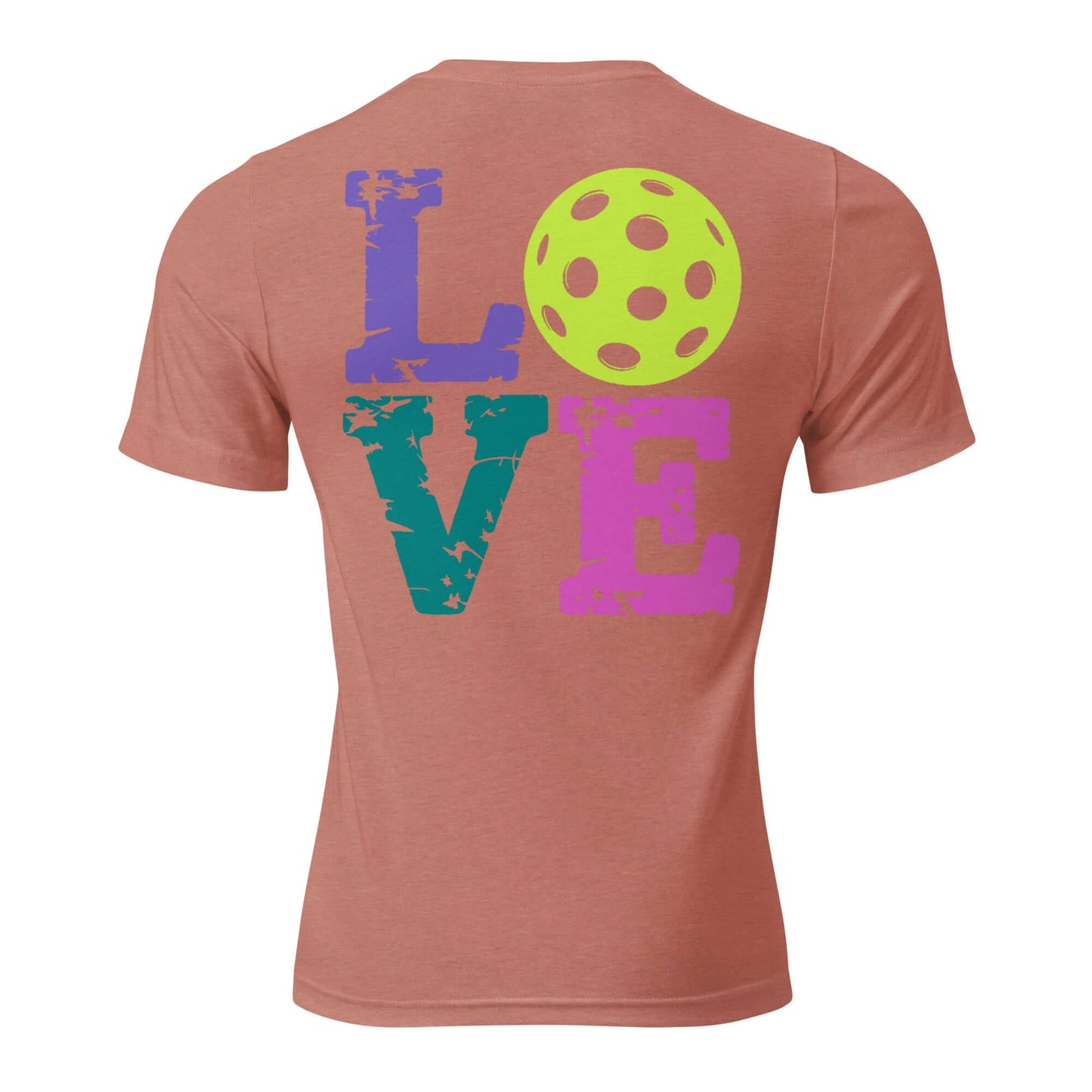 Back view of Women’s LOVE Pickleball Short Sleeve Shirt featuring colorful 'LOVE' design and pickleball graphic.