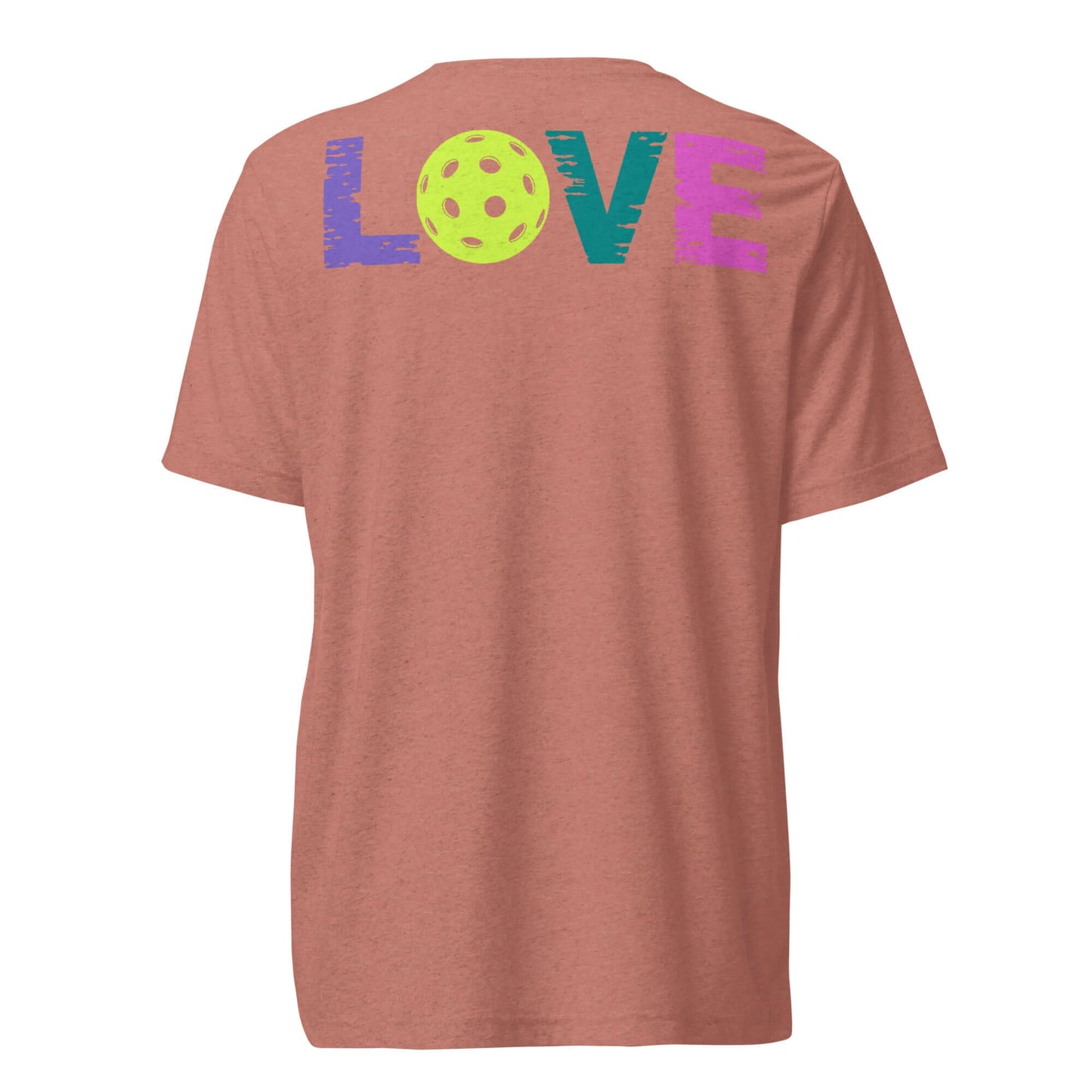 Back view of Women’s LOVE Pickleball Short Sleeve Shirt featuring colorful 'LOVE' text and a pickleball design.