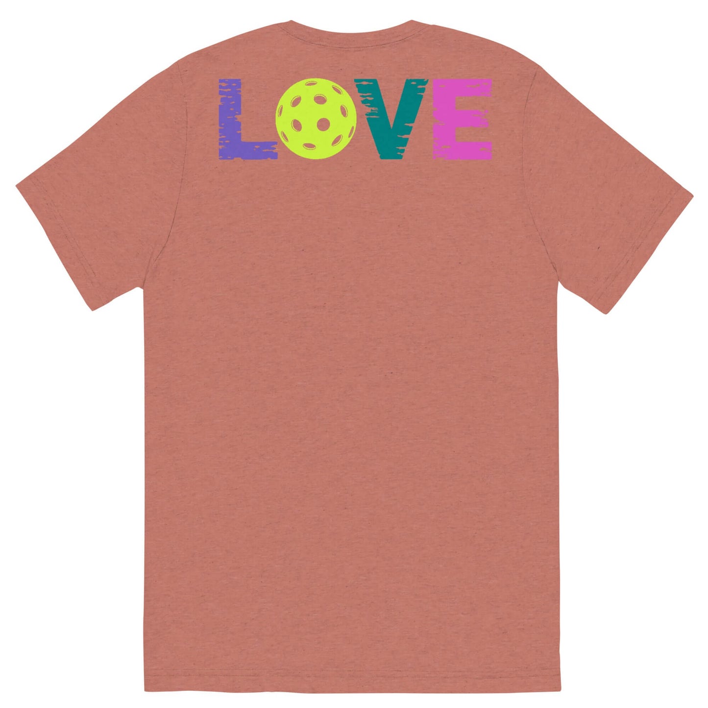 Back view of Women's LOVE Pickleball Short Sleeve Shirt, featuring colorful 'LOVE' and a pickleball graphic.