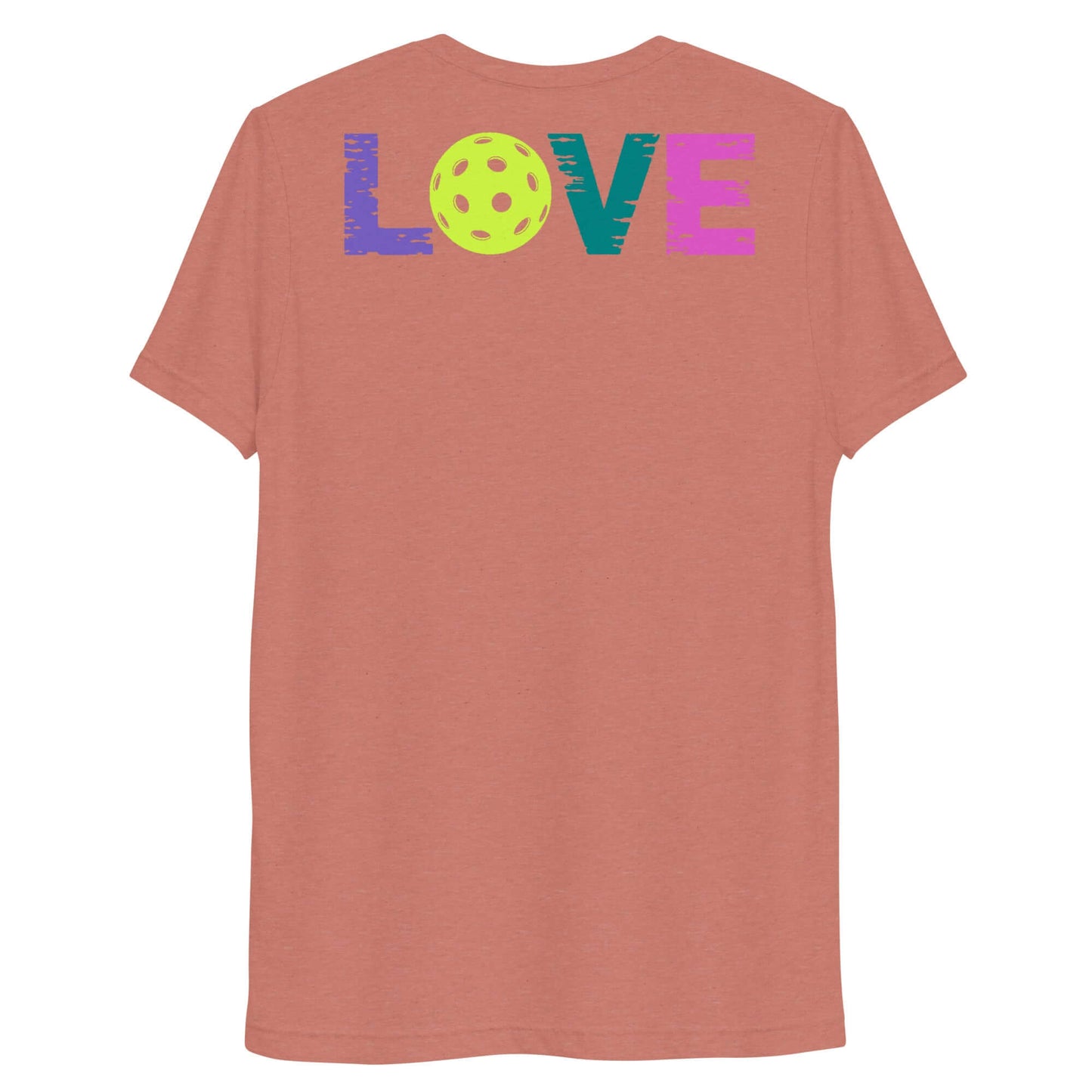 Back view of Women’s LOVE Pickleball Short Sleeve Shirt featuring colorful 'LOVE' text and a pickleball graphic.