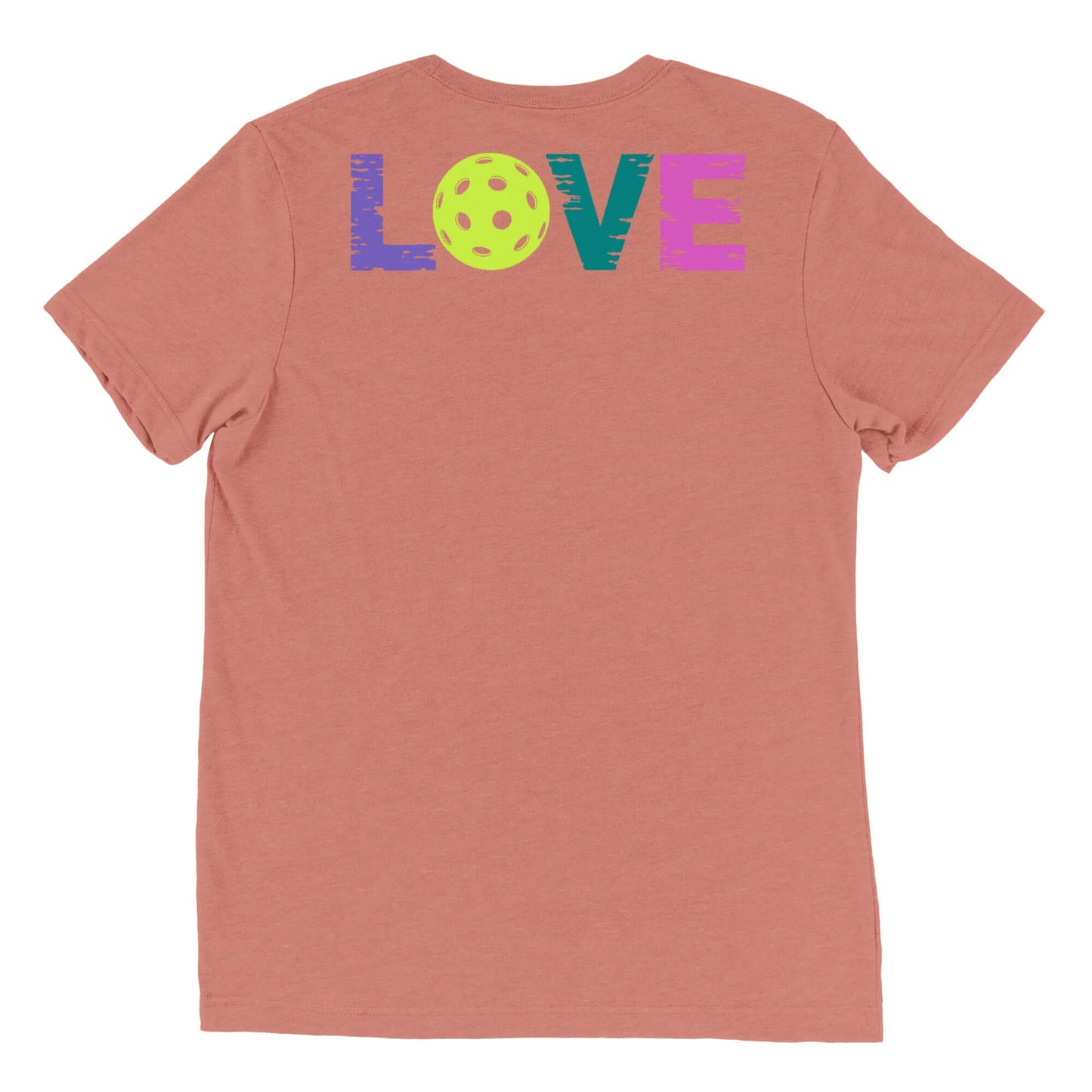 Back view of Women's LOVE Pickleball Short Sleeve Shirt featuring colorful lettering and a pickleball graphic.