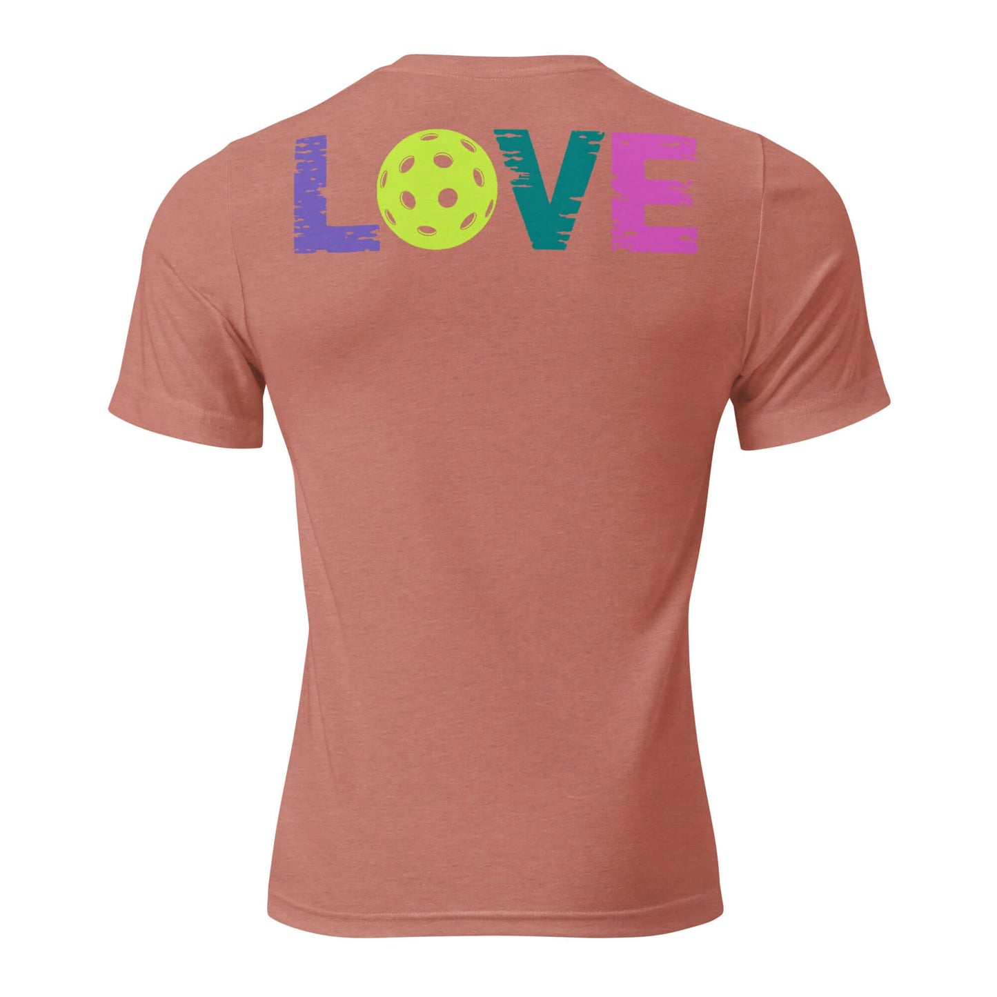 Back view of Women's LOVE Pickleball Short Sleeve Shirt in rust color featuring colorful 'LOVE' and a pickleball graphic.