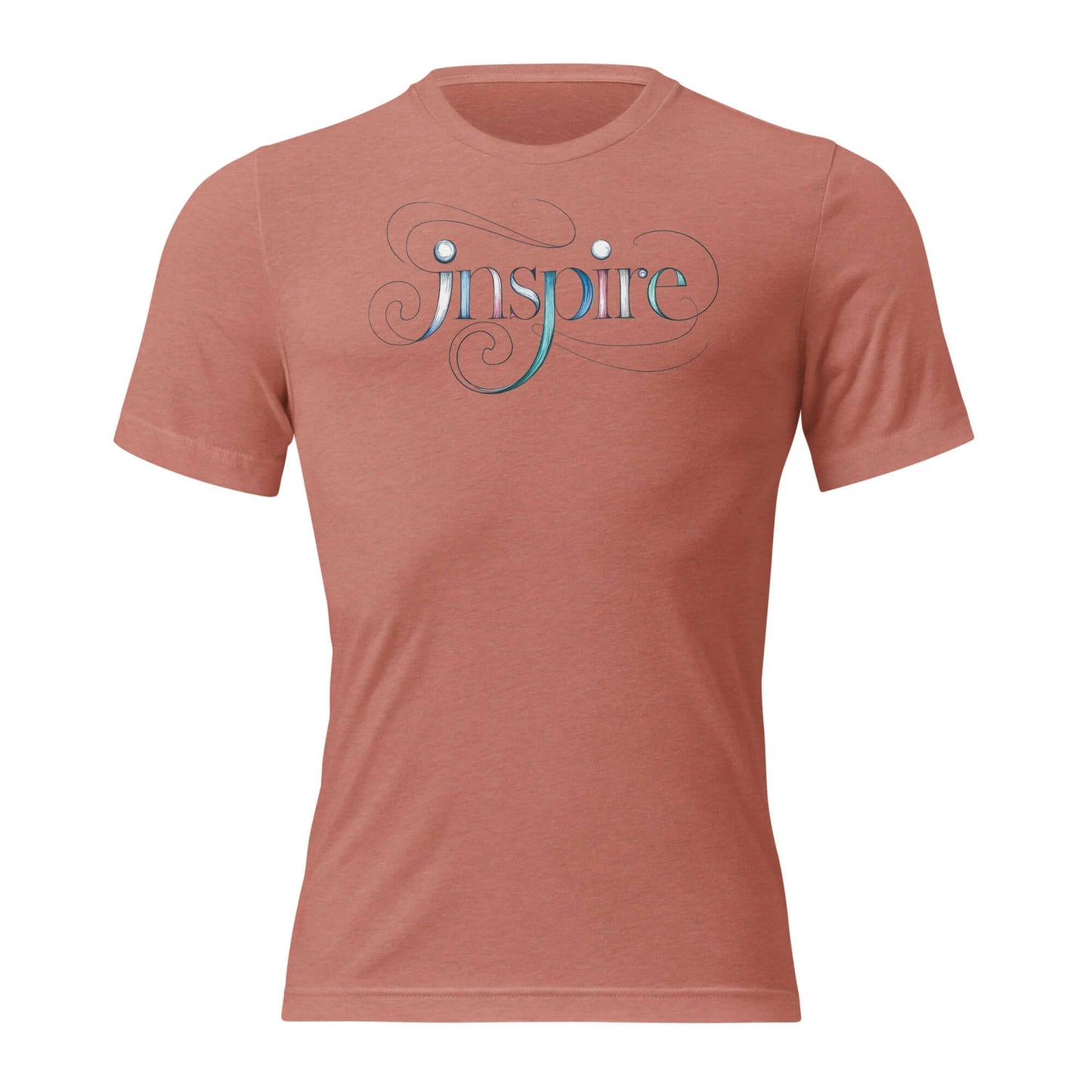 Inspire Sketch Women's Short Sleeve T-Shirt in rust color with elegant word art design featuring flowing letters and intricate patterns.