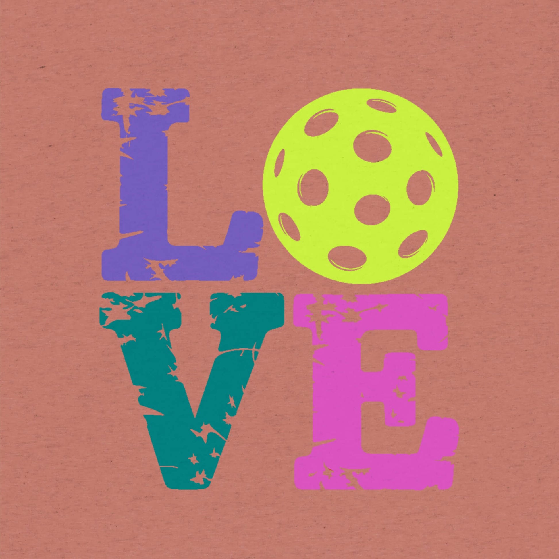 Colorful LOVE text with a pickleball, symbolizing passion for the sport.