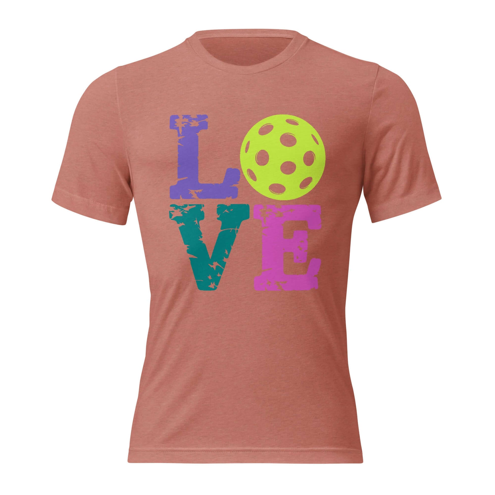 Women’s LOVE Pickleball Short Sleeve Shirt in rust color with colorful LOVE design and pickleball graphic.