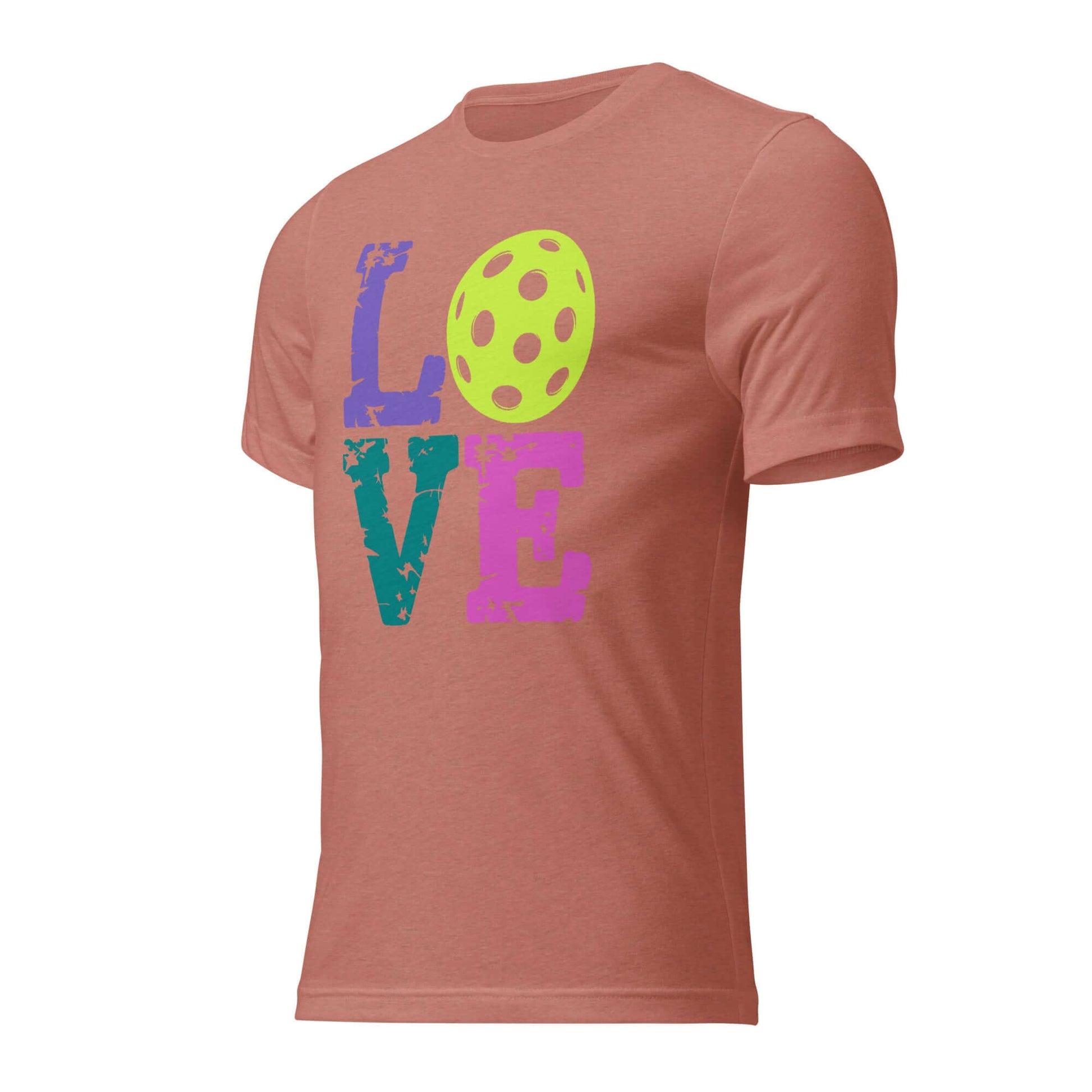 Women’s LOVE Pickleball Short Sleeve Shirt in coral with colorful design, showcasing sporty style and comfort.