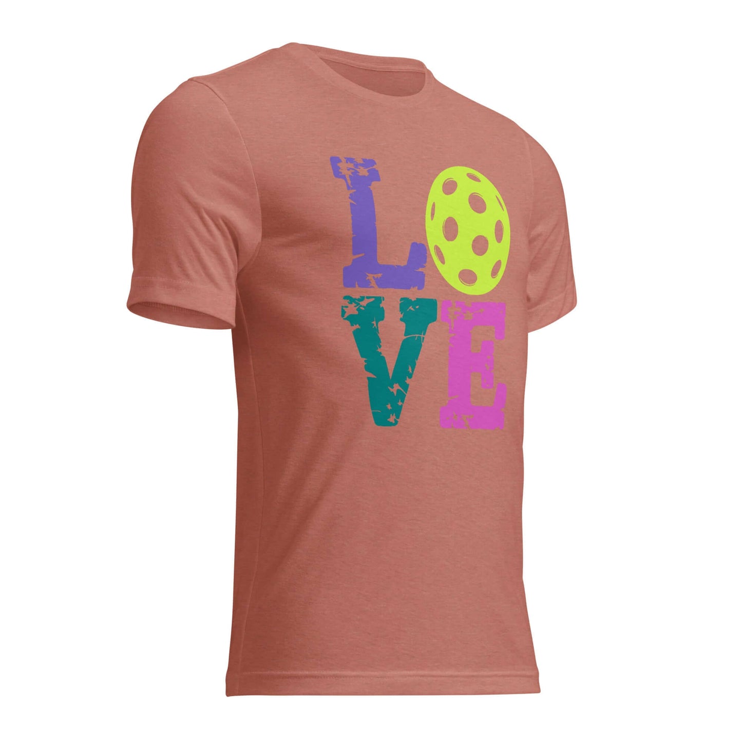 Women’s LOVE Pickleball Short Sleeve Shirt in coral with colorful LOVE graphic and pickleball design.