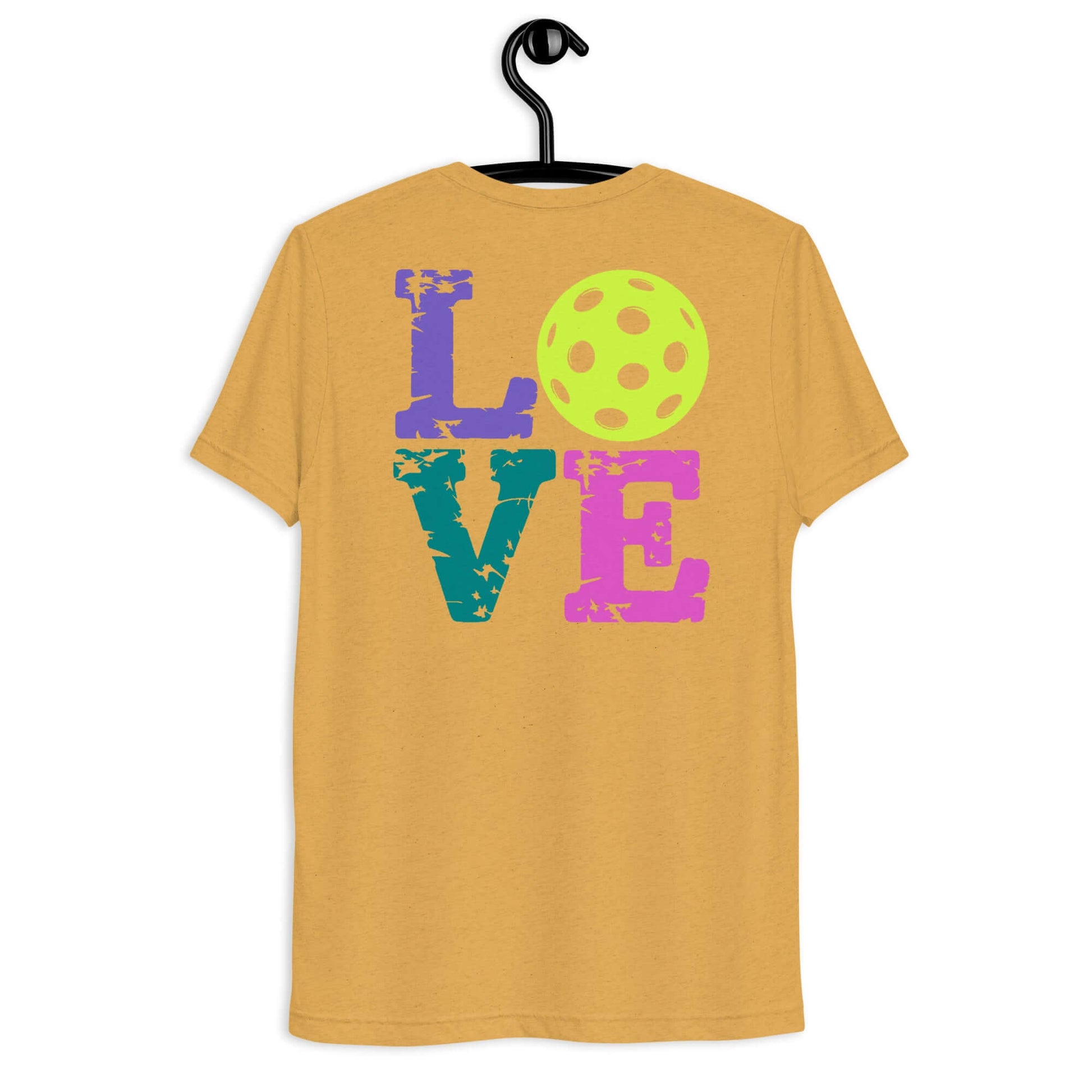 Back view of Women's LOVE Pickleball Short Sleeve Shirt in yellow with colorful 'LOVE' design and pickleball graphic.