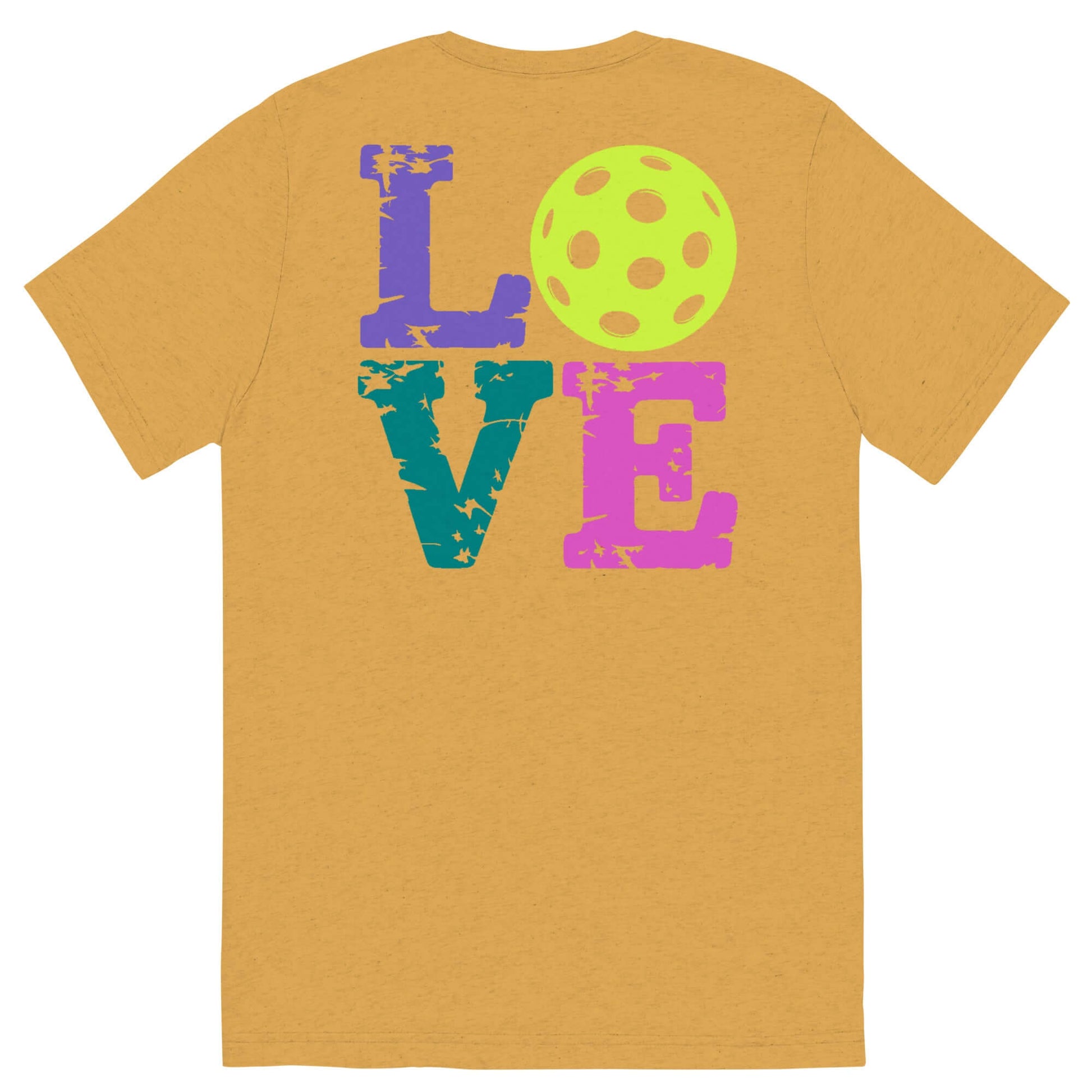 Back view of a women's yellow short sleeve shirt featuring colorful 'LOVE' text and a pickleball graphic.